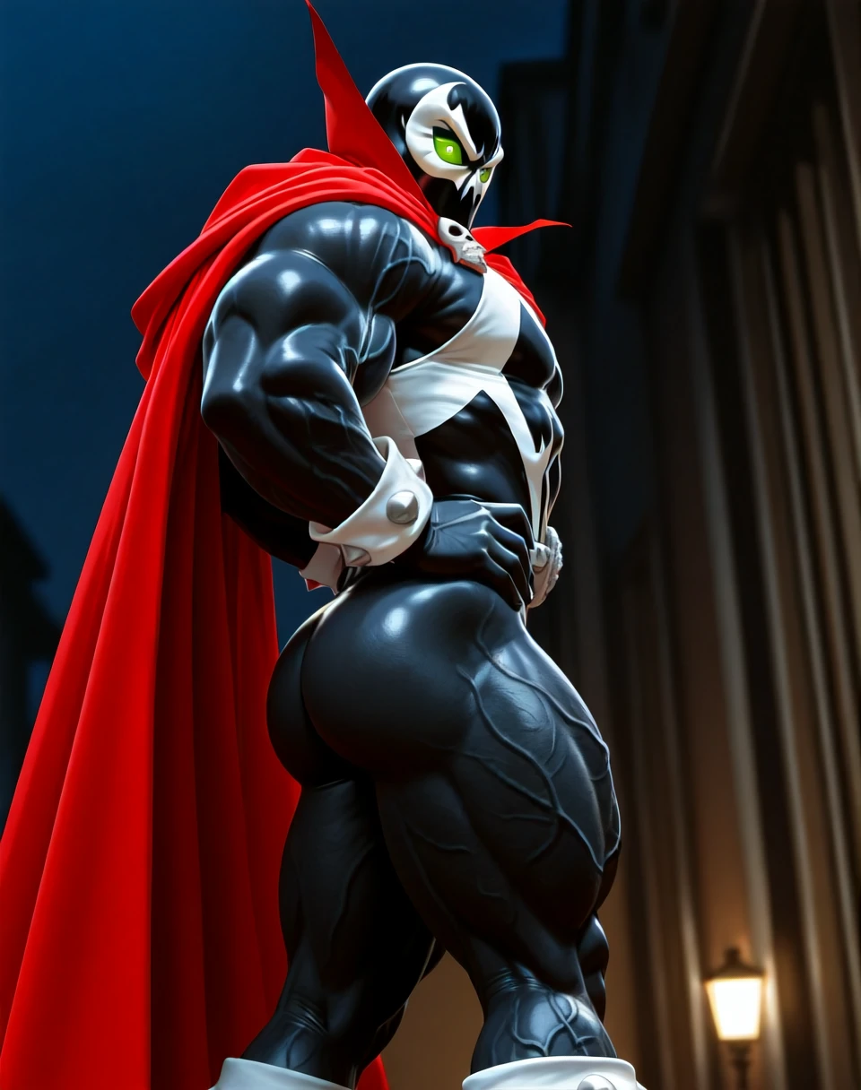 BREAK: very awe, aesthetically pleasing, masterpiece, best quality, absurd details, in'ei, natural shading, soft shading, flat color shading, in the style of Midjourney, vivid bright colors, source_anime, masterclass_anime, photographic realism, western style comics,
<lora:Spawn_(Marvel_Comics)_(Illustrious)_(AD):1> Spawn, muscular, monster,
exterior, night,
BREAK:
dutch angle, solo, ((dynamic action, dynamic expression, dynamic lighting, ):1.25), bent leg, (( hands on hips, side view, butt, )),
((
commanding presence, no humans, male focus, solid glowing green eyes, glossy black body armor, red cape,
powerful strong sexy body, veiny muscles, large thick arms, large thick legs, hyper muscular, perfect proportions,
)),
BREAK: lazypos (4),
