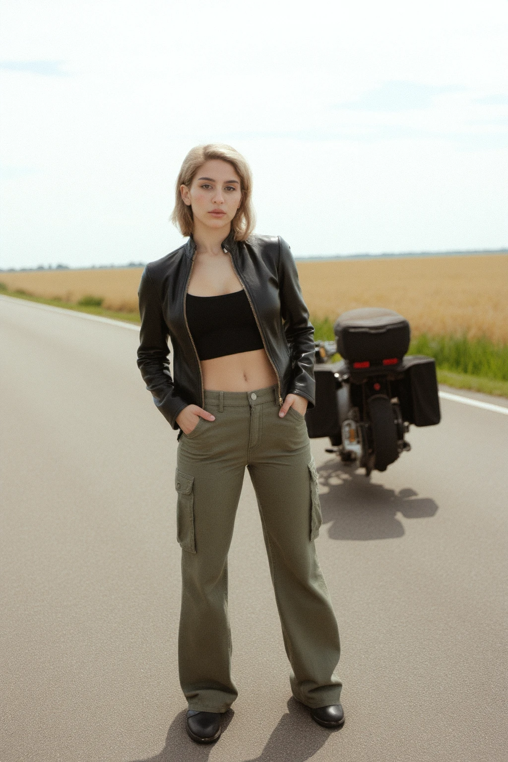 35mm film, Kodak Portra 400, fine grain, soft natural light, shallow depth of field, cinematic color grading, high dynamic range, realistic skin texture, subtle imperfections, light bloom, organic tones, analog feel, vintage lens flare, overexposed highlights, faded colors, film vignette, bokeh, candid composition, low exposure
Ohwx_woman, 32 year old, pretty woman, super model, innocent eyes,
slim waist, small breasts, hourglass figure, pubic hair, huge butt,
baggy cargo pants, leather jacket, tank top, day time, empty highway, sport bike parked behind her, country road, vast crop field, sunny, clear sky, white clouds.