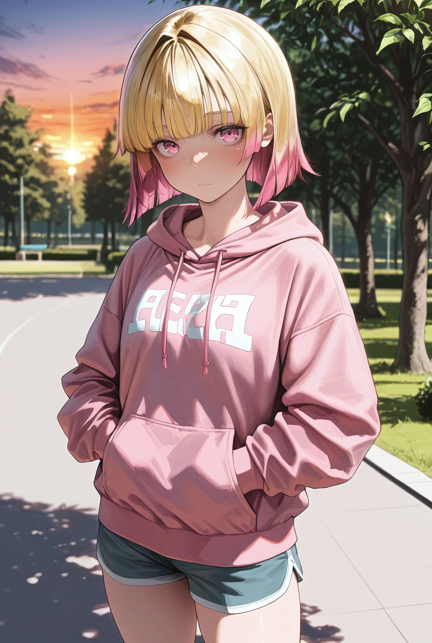 (), absurdres,masterpiece, best quality, amazing quality, very aesthetic, (solo:1.2),(Girl, short hair, straight hair, pink eyes, blonde, pink hair tips), park, sunset, hoodie, shorts, hands in pockets, hood on