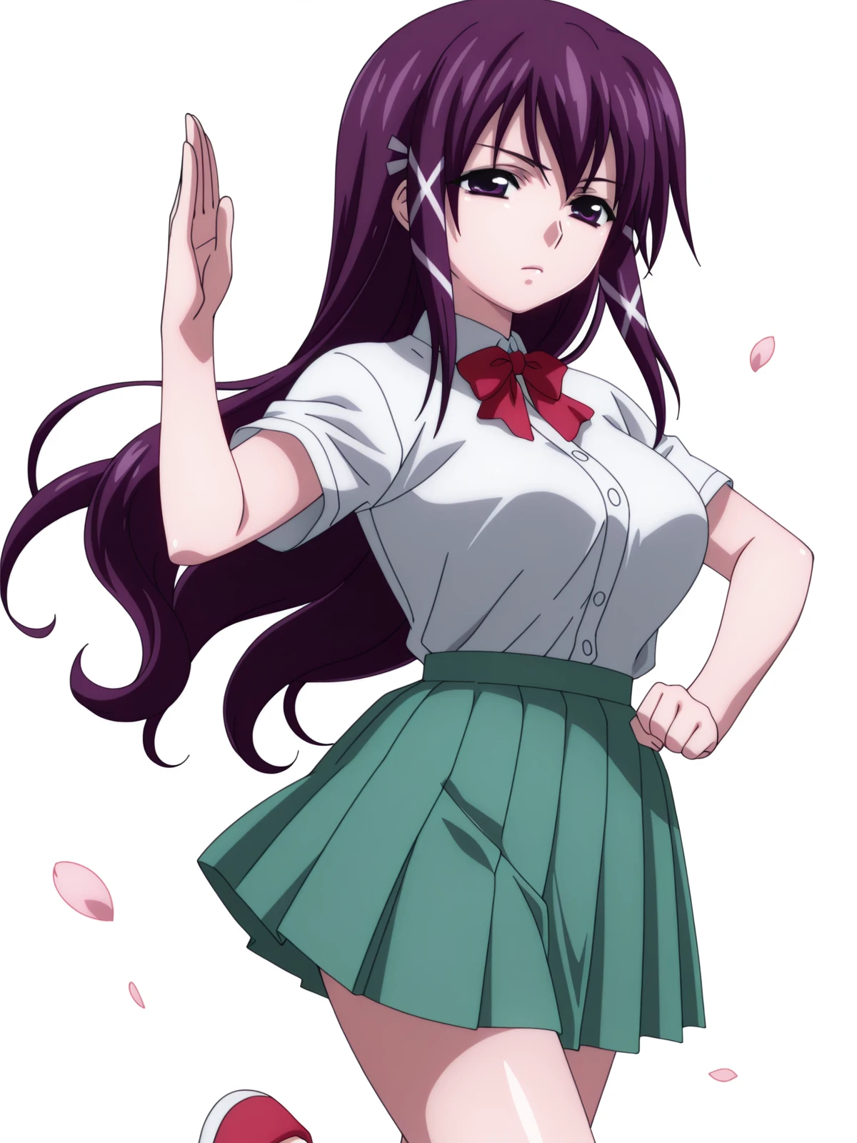 masterpiece, best quality, amazing quality,, <lora:mikako-satsukitane-s2-illustriousxl-lora-nochekaiser:1>, mikako satsukitane, long hair, purple eyes, hair ribbon, purple hair, hair tubes, sidelocks, mature female, large breasts, anime screencap, skirt, bow, ribbon, green skirt, pleated skirt, short sleeves, white shirt, collared shirt, buttons, bowtie, red bowtie, <lora:kung-fu-illustriousxl-lora-nochekaiser:1>, kung fu, martial arts, training, fighting stance, cowboy shot, hand up, leg up, flower field, colorful, petals, scent, bloom, cowboy shot, solo, looking at viewer, <lora:transparent-background-illustriousxl-lora-nochekaiser:1>, transparent background, simple background, white background