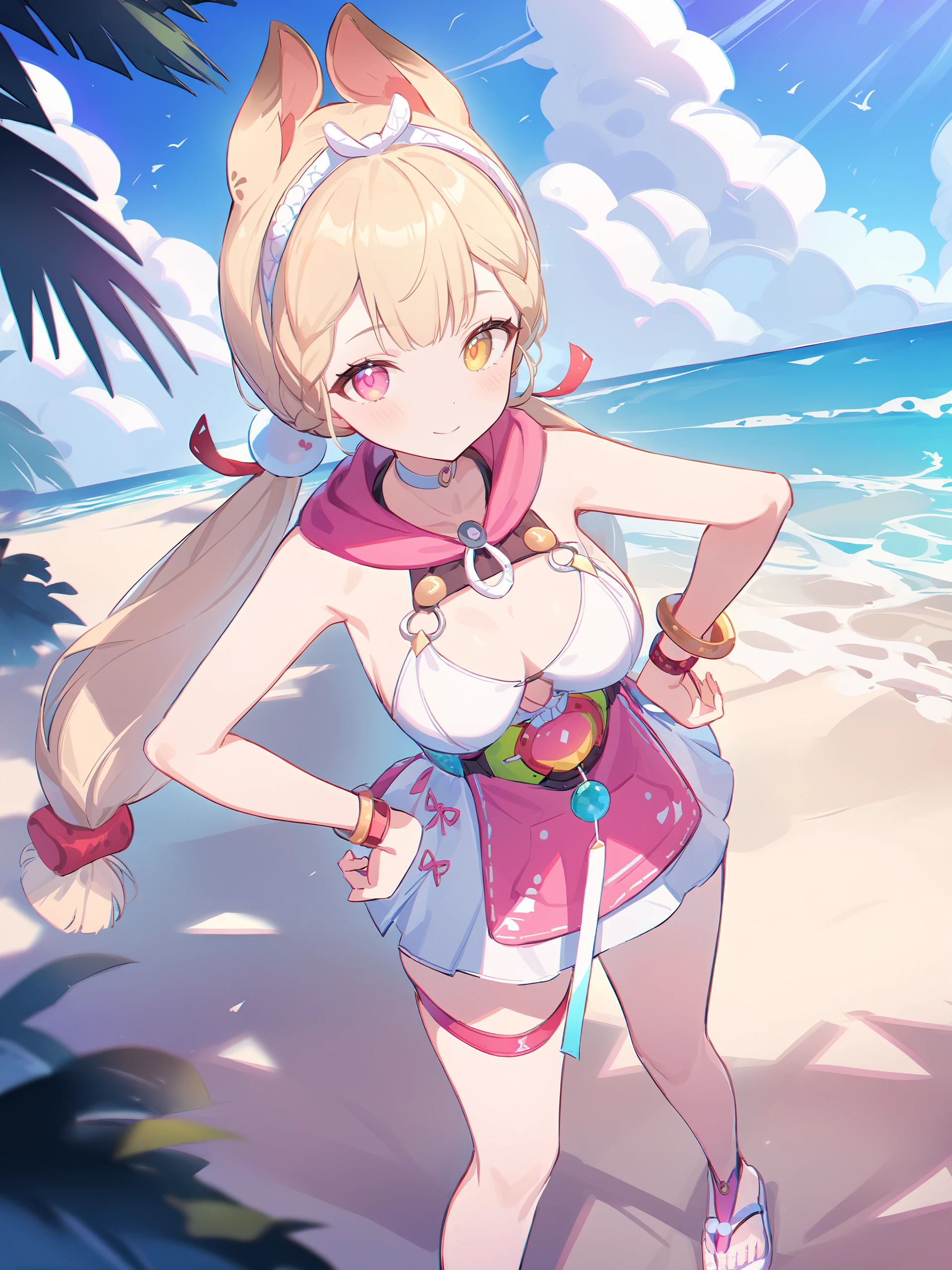 illustration, incredibly absurdres, ultra detailed, masterpiece, best quality, perfect features, intricate details, ray tracing, very aesthetic, (ask \(askzy\), hiten \(hitenkei\):0.7),  <lora:Char-ZZZ-Alice-V1-XL:1:hr=0.6>, 1girl, alice thymefield, heterochromia, solo, braided bangs, twintails, hair bobbles, white hairband, white choker, pink hood, dress swimsuit, utility belt, bracelet, wristwatch, thigh strap, flip-flops, hand on hip, looking at viewer, light smile, standing, contrapposto, full body, outdoors, beach, ocean, blue sky, cumulonimbus cloud, depth of field, depth of field