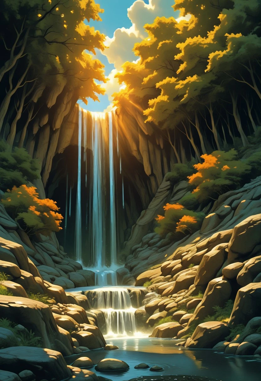 masterpiece, best quality,
cool lighting, limited palette, scenery, calm, no human, sunbeam,4s1ndc,
waterfall, cave, day, blue sky, cloud, river, rock, forest,