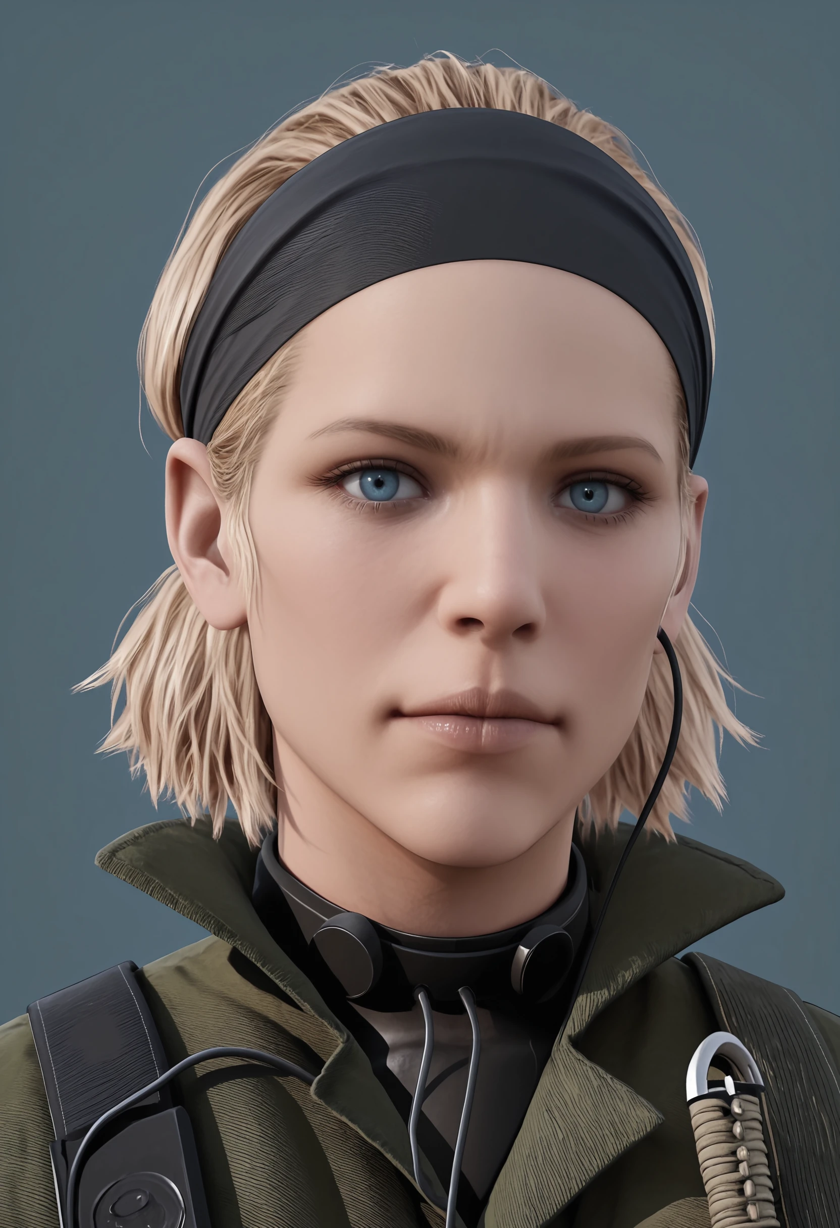 masterpiece, best quality, amazing quality, very aesthetic, absurdres, newest,  <lora:TheBossILf:1.2> thbilf, blonde hair, ponytail, blue eyes, military uniform, headband, looking at viewer, portrait, 
 light blue background, simple background,