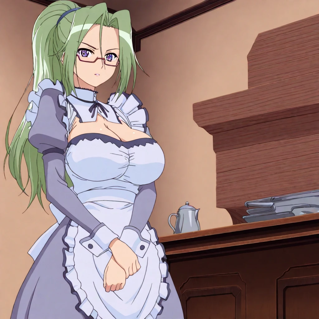 masterpiece,high score,great score,absurdres,looking at viewer,solo,cowboy_shot,<lora:MitsukiHanyuu hassakuill30:1> mitsukihanyuu, green hair, ponytail, purple eyes, glasses,maid,cleavage,apron,