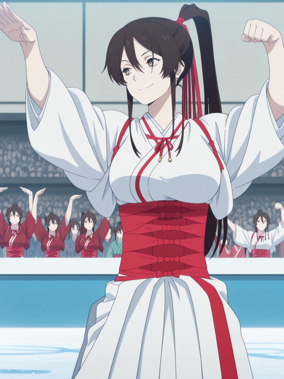 masterpiece, best quality, amazing quality,, <lora:sagiri-yamada-asaemon-s1-illustriousxl-lora-nochekaiser:1>, sagiri yamada asaemon, long hair, black hair, ponytail, high ponytail, brown eyes, mature female, medium breasts, anime screencap, japanese clothes, kimono, hakama,, <lora:archer-pose-illustriousxl-lora-nochekaiser:1>, archer pose, solo, smile, looking to the side, arms up, hands up,, skating rink, ice, people, winter, fun, cowboy shot, solo, looking at viewer,