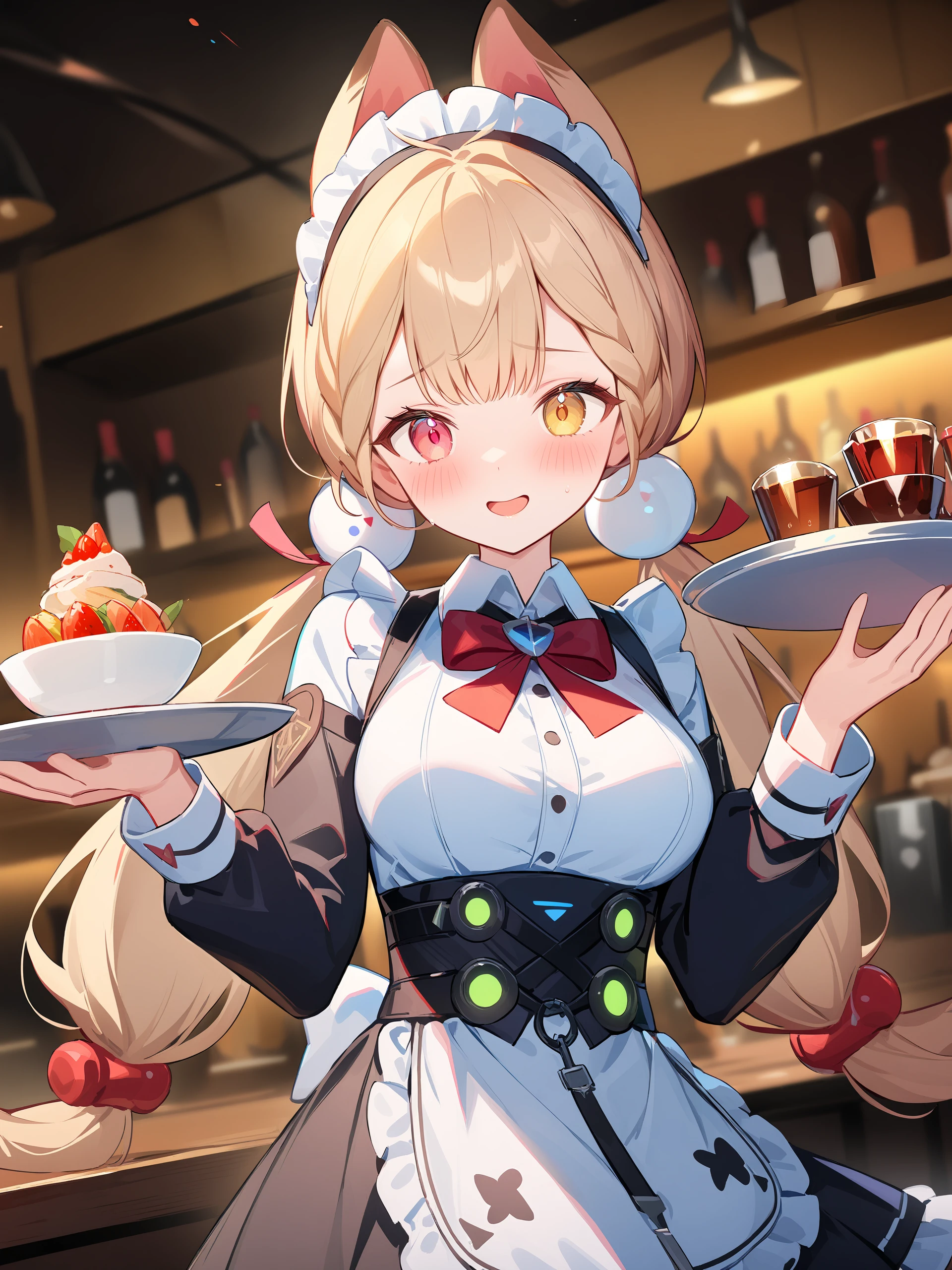 illustration, incredibly absurdres, ultra detailed, masterpiece, best quality, perfect features, intricate details, ray tracing, very aesthetic, (ask \(askzy\), hiten \(hitenkei\):0.7), <lora:Char-ZZZ-Alice-V1-XL:1:hr=0.6>, 1girl, solo, alice thymefield, heterochromia, solo, braided bangs, twintails, hair bobbles, maid, maid headdress, maid apron, black dress, white shirt, underbust, red bowtie, embarrassed, open mouth, blush, smile, open mouth, holding plate, looking at viewer, cowboy shot, bar \(place\), indoors, depth of field