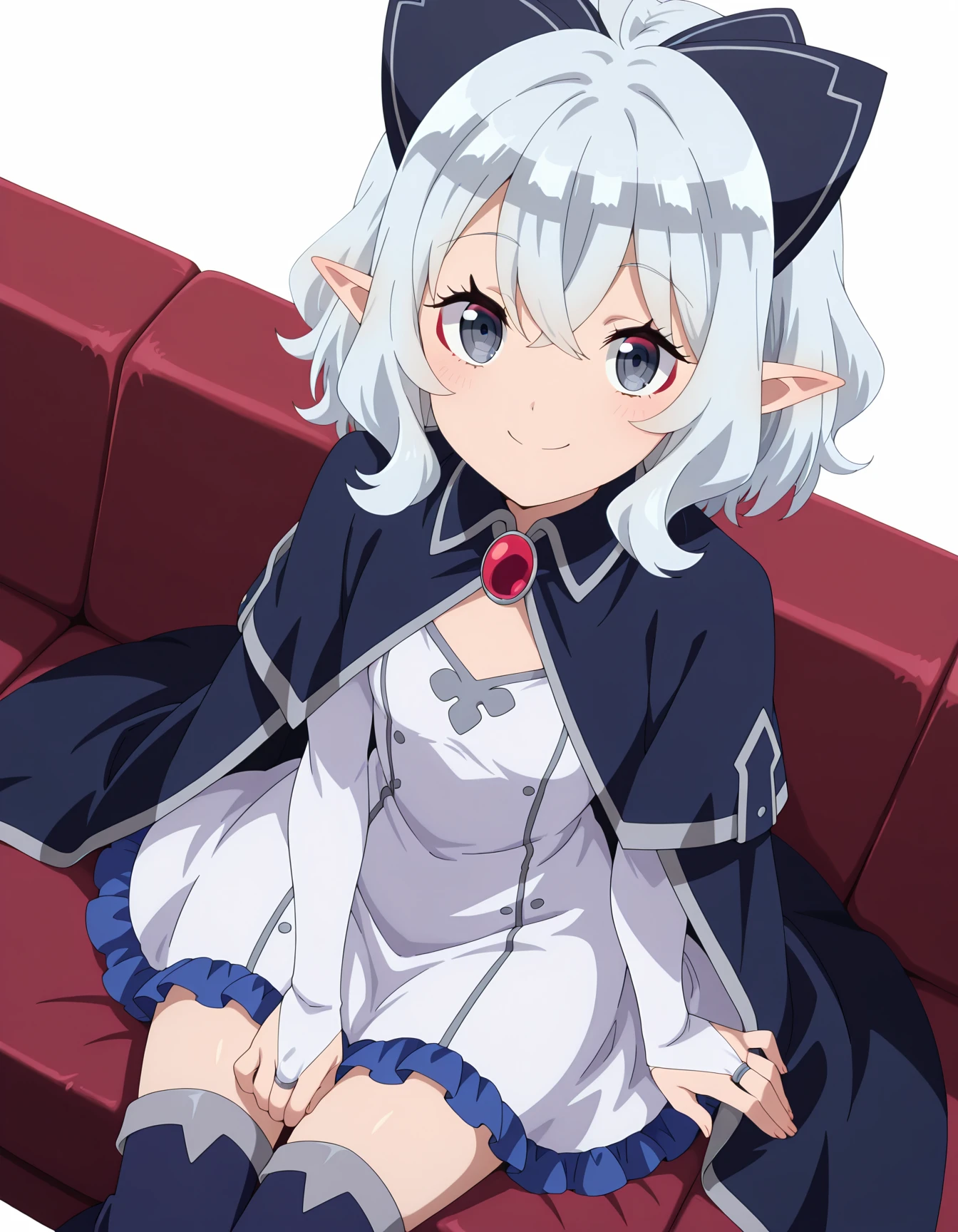 highres,very detailed,amazing quality,masterpiece,very aesthetic,anime screencap,
break,
1girl,smile,solo,looking at viewer,dutch angle,foreshortening,sitting sofa,cowboy shot,from above,(simple background,white background:1.2),
<lora:FLIAW_Flora 1:1>
gray eyes,red eyeshadow,double-parted bangs,white hair,short hair,wavy hair,headband,pointy ears,
white dress,long sleeves,navy cape,red brooch,bridal gauntlets,frilled skirt,navy thighboots,
