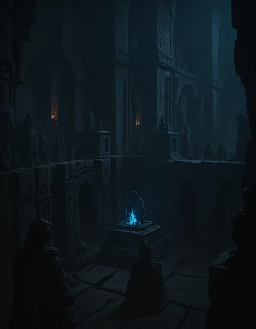 <lora:MW_Dwarven_p1ill:1> MWD01D, masterpiece, absurdres, 8k, insanely detailed, sharp focus, pitch black, very dark, in a huge dark underground carvern, old bridges over an endless foggy precipice, carved rocky walls and cracked rocky stone columns, blue fire faint torches, above the shoulder view, worn dusty statue silhouette of an old dwarf warrior on the side, ancient carved dwarven architecture, dusty, lost forgotten ambiance, shadows in the dark, lots of mist, multi levels,