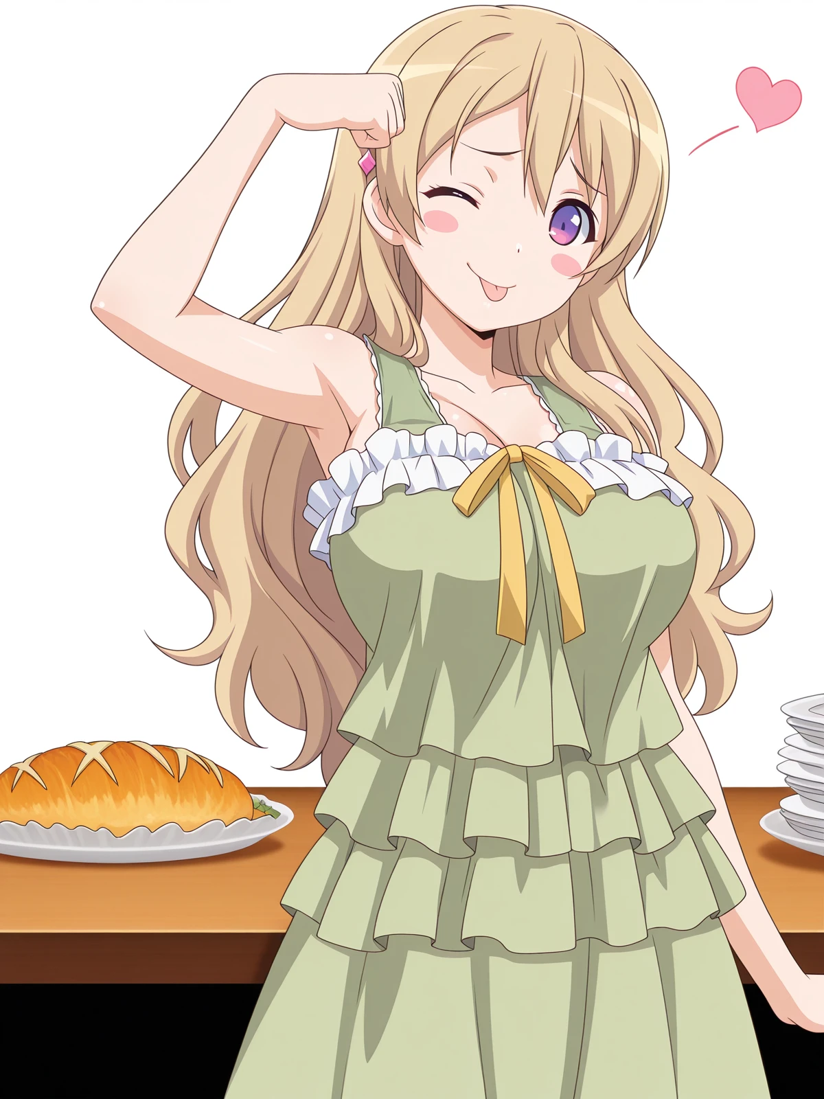 masterpiece, best quality, amazing quality,, <lora:momoka-fujiwara-ova-illustriousxl-lora-nochekaiser:1>, momoka fujiwara, long hair, blonde hair, hair ornament, purple eyes, mature female, large breasts, anime screencap, dress, green dress, frills, sleeveless, ribbon, yellow ribbon, skirt,, <lora:dojikko-pose-illustriousxl-lora-nochekaiser:1>, dojikko pose, blush, heart, blush stickers, smile, tongue out, arm up, looking at viewer, one eye closed, restaurant, tables, food, waiters, guests, cowboy shot, solo, looking at viewer, <lora:transparent-background-illustriousxl-lora-nochekaiser:1>, transparent background, simple background, white background