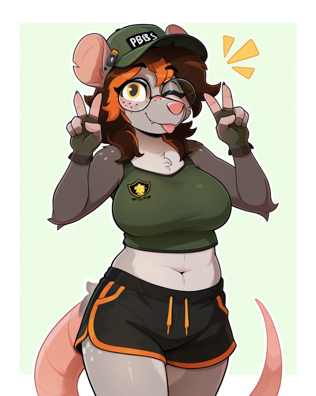 masterpiece,best quality,amazing quality, furry female, gabby bytes, female, furry, possum, half-length portrait,  round glasses, yellow eyes, hat, orange highlights, brown hair, tail, headwear, headgear, , v sign, looking at viewer, wink, tongue out, blep, midriff, crop top, dolphin shorts, fingerless gloves, happy, freckles, standing, solo, three-quarter view, head tilt, simple background, white outline,   <lora:Cobalt_Snow_Ill:0.6> <lora:The-Minuscule-Task_Style_Lora_Illustrious:0.4> <lora:goopystem_ILL:0.5> <lora:Gabby_Bytes_WirelessShiba_illus:1>
