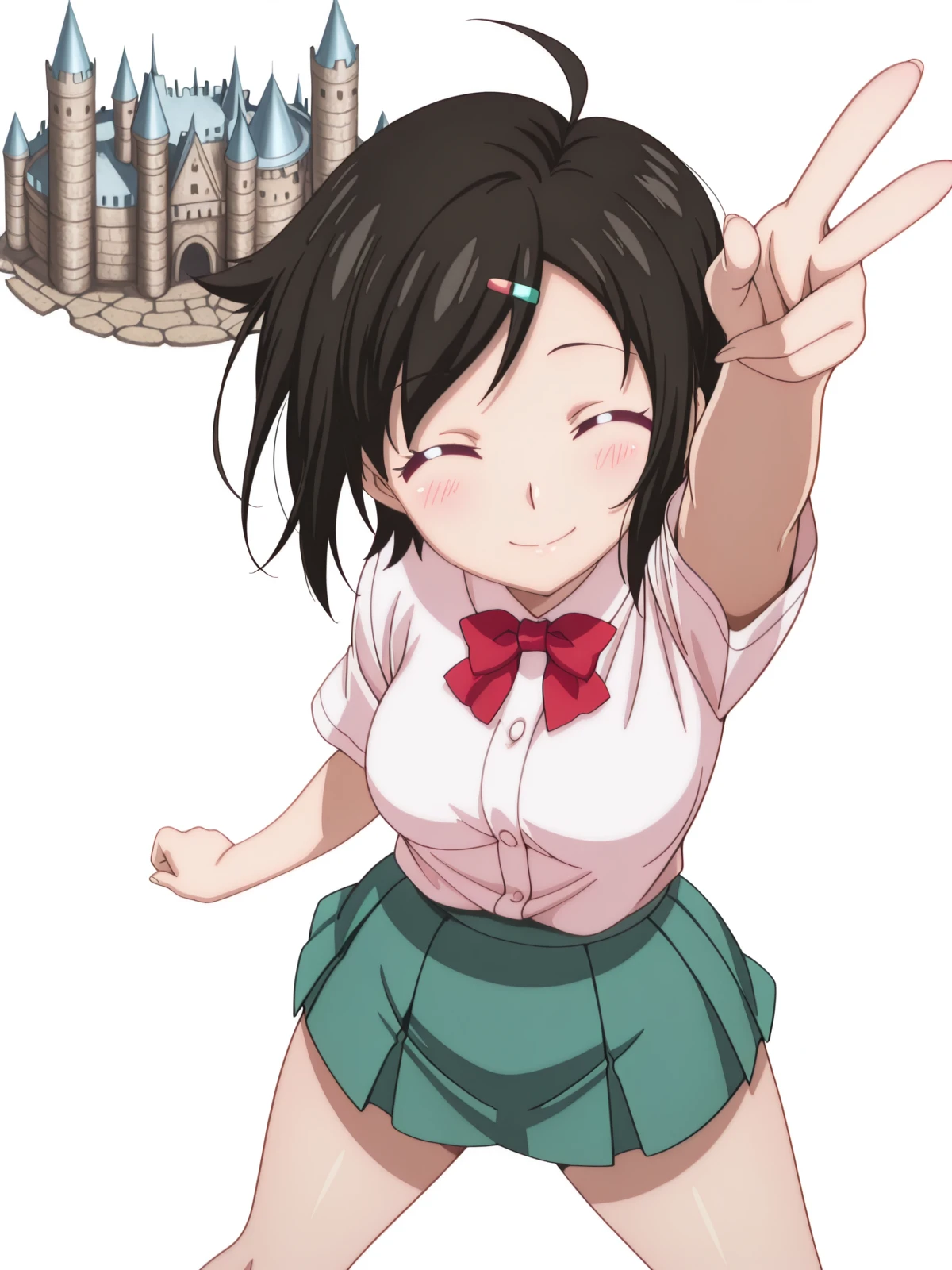 masterpiece, best quality, amazing quality,, <lora:tomoki-sakurai-s2-illustriousxl-lora-nochekaiser:1>, tomoki sakurai, short hair, black hair, hair ornament, brown eyes, ahoge, hairclip, mature female, medium breasts, anime screencap, skirt, bow, ribbon, green skirt, pleated skirt, short sleeves, white shirt, collared shirt, buttons, bowtie, red bowtie, <lora:charizard-pose-illustriousxl-lora-nochekaiser:1>, charizardpose, solo, blush, closed mouth, standing, closed eyes, arm up, foreshortening, v, from above, legs apart, smile, looking to the side,, castle, stone, towers, medieval, royalty, cowboy shot, solo, looking at viewer, <lora:transparent-background-illustriousxl-lora-nochekaiser:1>, transparent background, simple background, white background