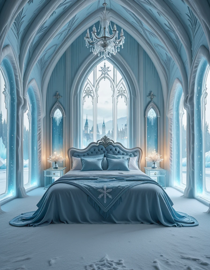The elegant ice palace bedroom of Elsa, the Snow Queen, shimmering with frosted crystal walls and towering icy arches. At the center, a majestic bed carved from ice and draped with flowing silver and blue fabrics glitters under the glow of enchanted snowflake chandeliers. Frosted mirrors, delicate icicle pillars, and snowflake patterns decorate the room, while moonlight shines through translucent frozen windows, casting a magical, ethereal glow across the chamber. The atmosphere is regal, serene, and filled with winterâs enchantment, completely empty of people.ice palace b3dr00m
 <lora:ice_palace_b3dr00m-i:1>, Masterpiece,best quality,hi res,8k,hi res,8k,award winning,(sharp focus, intricate, highly detailed),