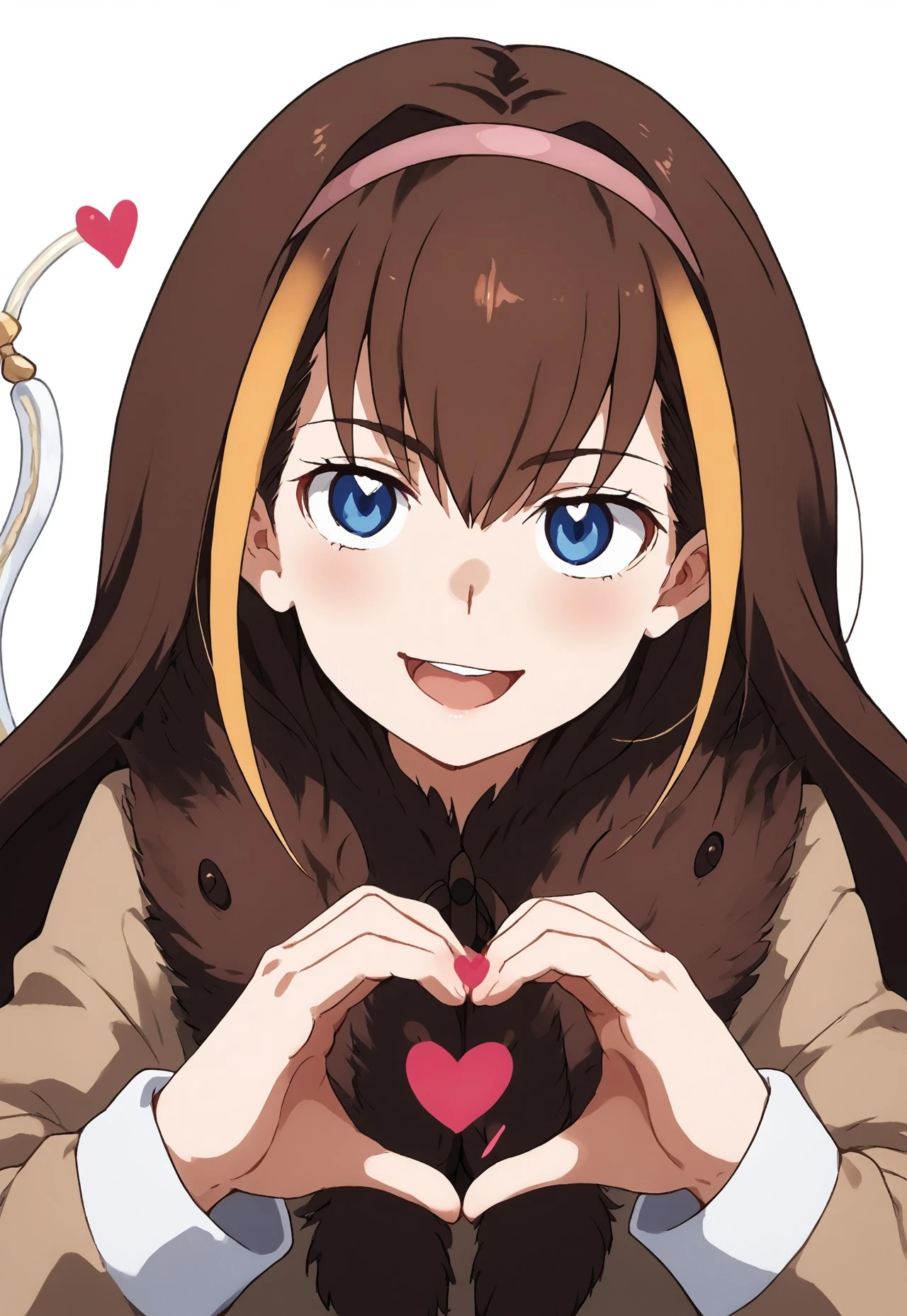 score_9, score_8_up, score_7_up,zPDXL3,Expressiveh, source_anime,Sisa_Artstyle, 1woman, solo, blue eyes, multicolored hair, streaked hair, brown hair, highlights, long hair, braid, mechanical tail, hairband, <lora:heart-hands-duo-ponyxl-lora-nochekaiser:1> heart hands duo, heart hands, heart, heads together, cheek-to-cheek, open mouth, smile, hetero, ugly man, fat man, disgusting man