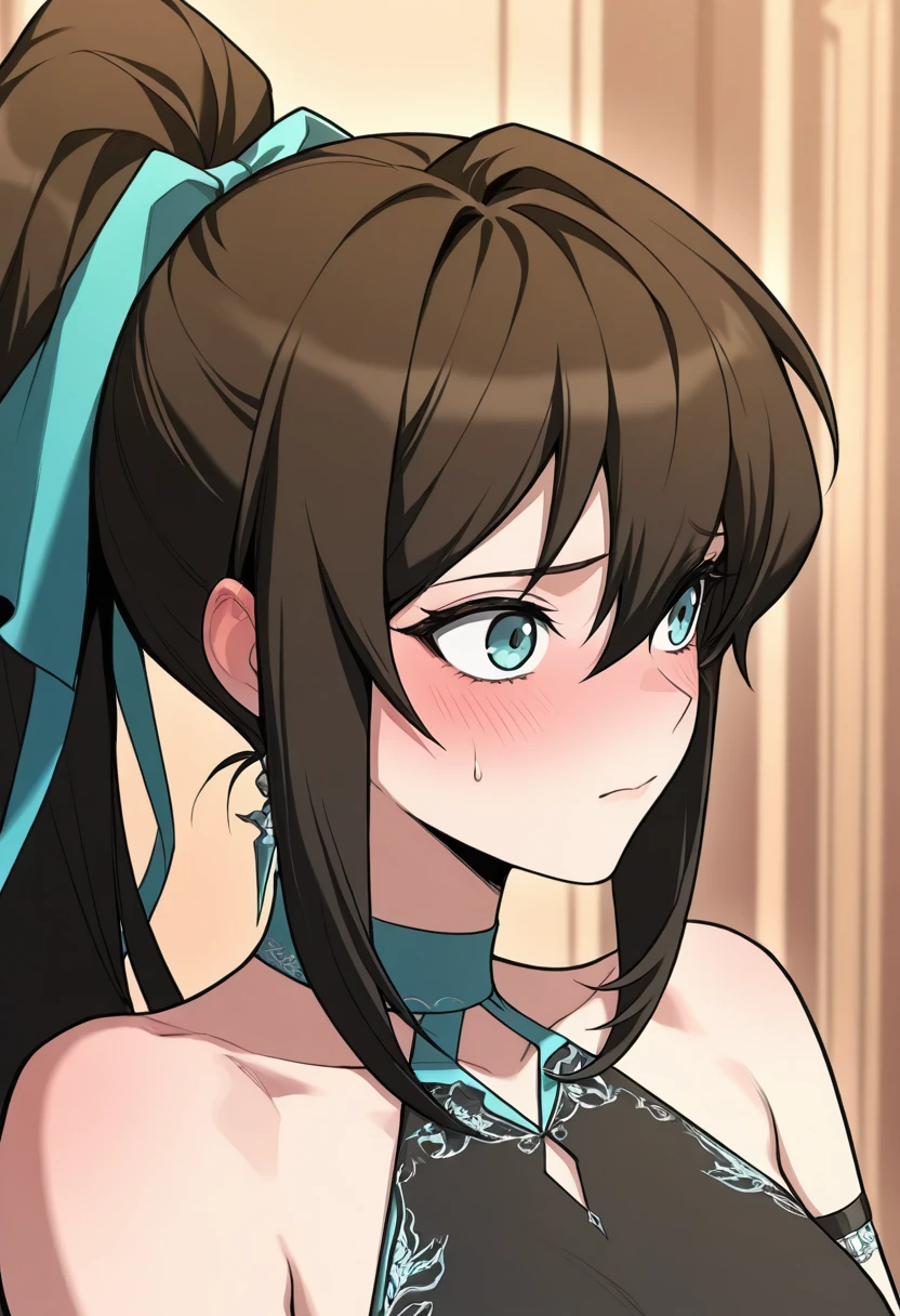 masterpiece,ultra-detailed,best quality,8K,illustration,
lurin, 1girl, solo, blue eyes, long hair, high ponytail, black hair, brown hair, black hair, sidelocks, hair between eyes, jewelry, blue ribbon, hair ribbon, ponytail, hair bow, 
blue dress, halterneck, collarbone, bare shoulders, sleeveless dress, black dress, aqua ribbon, jewelry, armband, armlet, arm strap, halter dress, blush, portrait, detailed face and eyes,