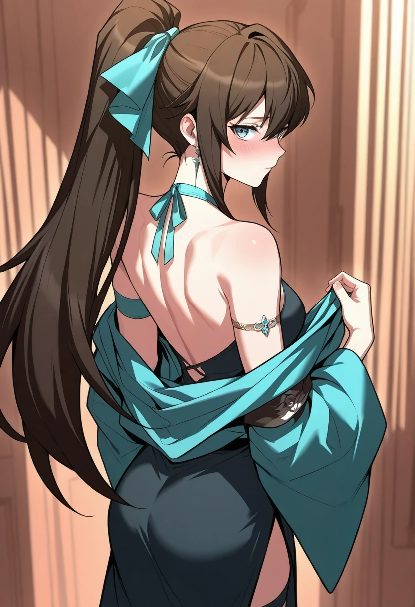 masterpiece,ultra-detailed,best quality,8K,illustration,
lurin, 1girl, solo, blue eyes, long hair, high ponytail, black hair, brown hair, black hair, sidelocks, hair between eyes, jewelry, blue ribbon, hair ribbon, ponytail, hair bow, 
blue dress, halterneck, collarbone, bare shoulders, sleeveless dress, black dress, aqua ribbon, jewelry, armband, armlet, arm strap, halter dress,  wide sleeves, medium breasts, thigh strap, back view, undressing, bare shoulder, looking back at viewer, blush
