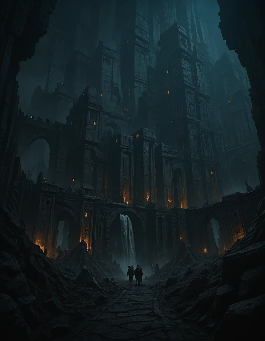<lora:MW_Dwarven_p1ill:1> MWD01D, masterpiece, absurdres, 8k, insanely detailed, sharp focus, pitch black, very dark, dwarven city, in a huge dark underground carvern, old bridges, old worn dusty stone path, cracked rocky walls, distant waterfall, faint torches, low angle view, ancient rocky dwarven architecture, dusty, foggy very high ceiling, lost forgotten ambiance, dwarfs walking in the mist, numerous rocks of various shapes and size on each side, lots of mist, multi levels,