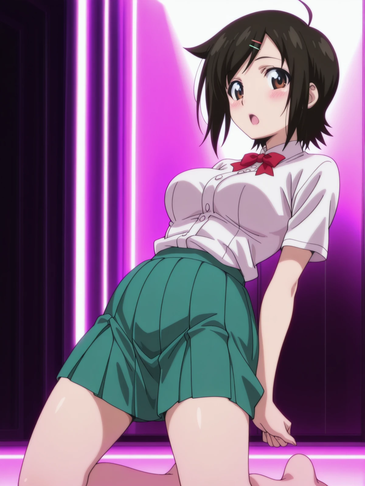 masterpiece, best quality, amazing quality,, <lora:tomoki-sakurai-s2-illustriousxl-lora-nochekaiser:1>, tomoki sakurai, short hair, black hair, hair ornament, brown eyes, ahoge, hairclip, mature female, medium breasts, anime screencap, skirt, bow, ribbon, green skirt, pleated skirt, short sleeves, white shirt, collared shirt, buttons, bowtie, red bowtie, <lora:camel-pose-illustriousxl-lora-nochekaiser:1>, camel pose, solo, blush, open mouth, kneeling, looking at viewer, arms down,, nightclub, lights, music, dance, drinks, cowboy shot, solo, looking at viewer,