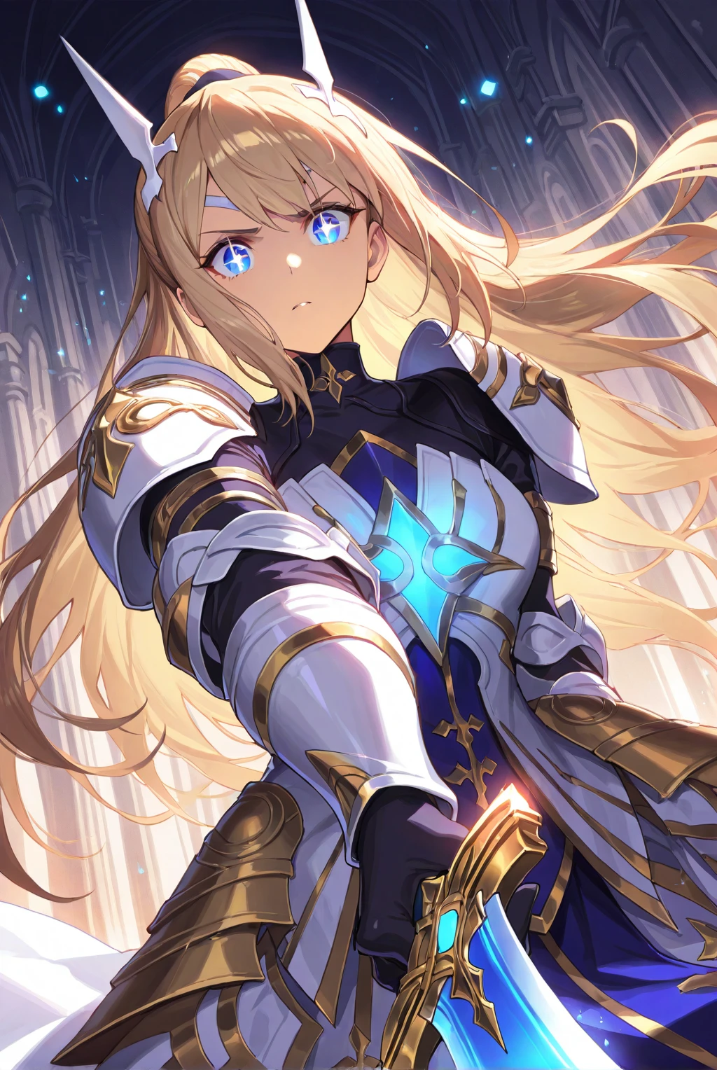 zPDXL3,score_9,score_8_up,score_7_up,source_anime,rating_safe BREAK masterpiece,highres,best quality,high quality,dramatic angle,cinematic lighting,1girl,<lora:ShadowverseHolySaber_Noob05_V1:1> ,blonde hair,blue eyes,sparkling eyes,holding,sword,white armor,hair ornament,determined,portrait,foreshortening, glowing particles,floating object