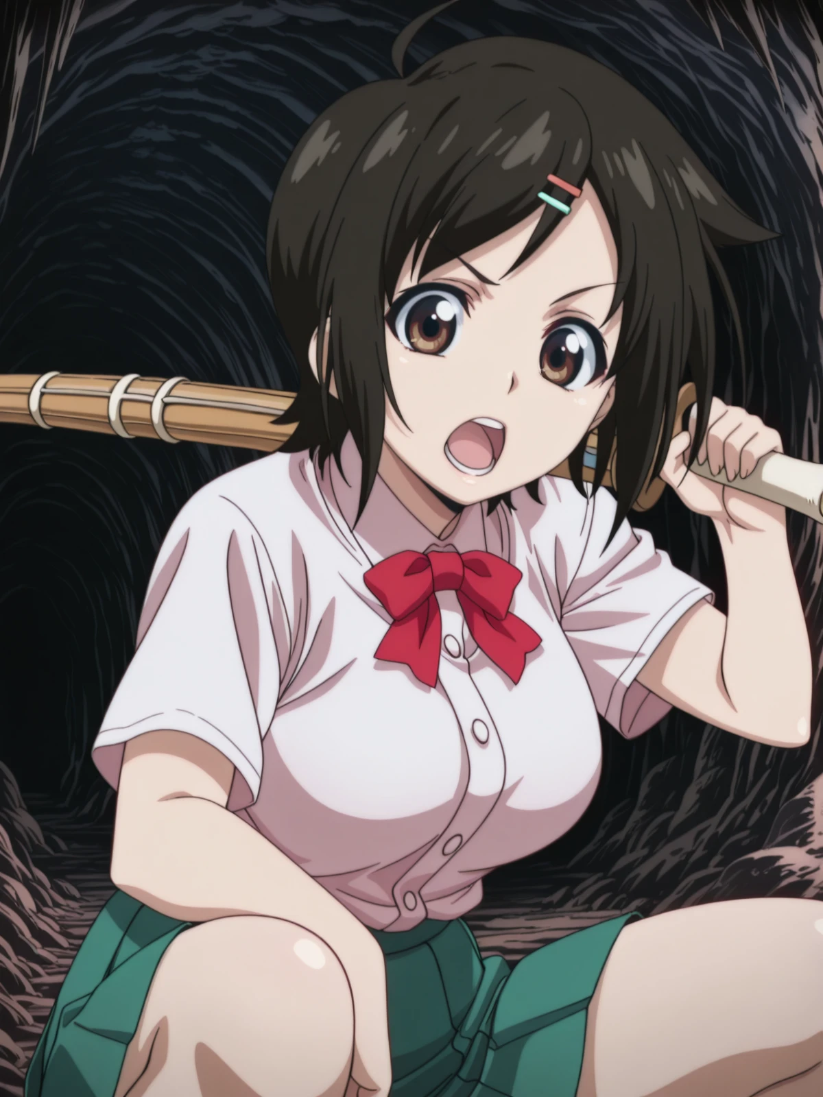 masterpiece, best quality, amazing quality,, <lora:tomoki-sakurai-s2-illustriousxl-lora-nochekaiser:1>, tomoki sakurai, short hair, black hair, hair ornament, brown eyes, ahoge, hairclip, mature female, medium breasts, anime screencap, skirt, bow, ribbon, green skirt, pleated skirt, short sleeves, white shirt, collared shirt, buttons, bowtie, red bowtie, <lora:slav-squatting-illustriousxl-lora-nochekaiser:1>, slav squatting, solo, looking at viewer, open mouth, holding, weapon, teeth, sword, holding weapon, holding sword, squatting, over shoulder, weapon over shoulder, wooden sword, shinai, bokken,, cave, darkness, rocks, underground, stalactites, cowboy shot, solo, looking at viewer,