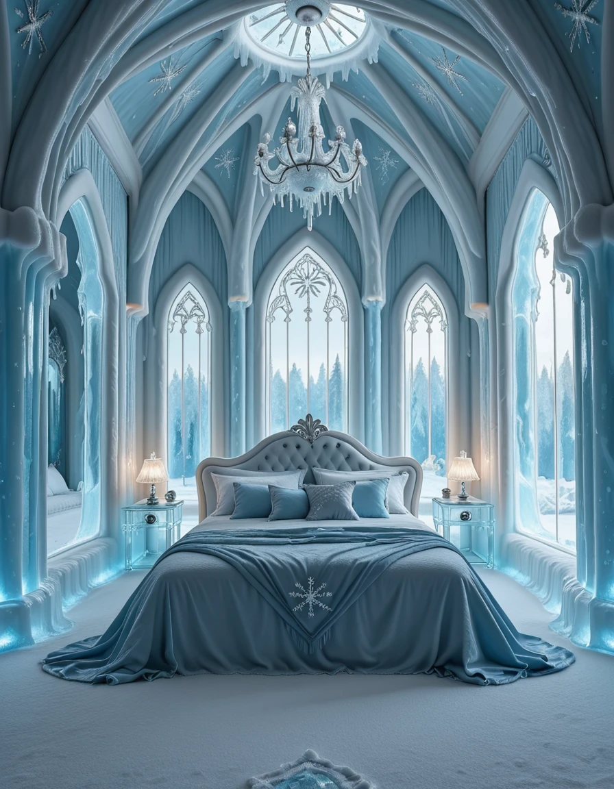 The elegant ice palace bedroom of Elsa, the Snow Queen, shimmering with frosted crystal walls and towering icy arches. At the center, a majestic bed carved from ice and draped with flowing silver and blue fabrics glitters under the glow of enchanted snowflake chandeliers. Frosted mirrors, delicate icicle pillars, and snowflake patterns decorate the room, while moonlight shines through translucent frozen windows, casting a magical, ethereal glow across the chamber. The atmosphere is regal, serene, and filled with winterâs enchantment, completely empty of people.ice palace b3dr00m
 <lora:ice_palace_b3dr00m-i:1>, Masterpiece,best quality,hi res,8k,hi res,8k,award winning,(sharp focus, intricate, highly detailed),
