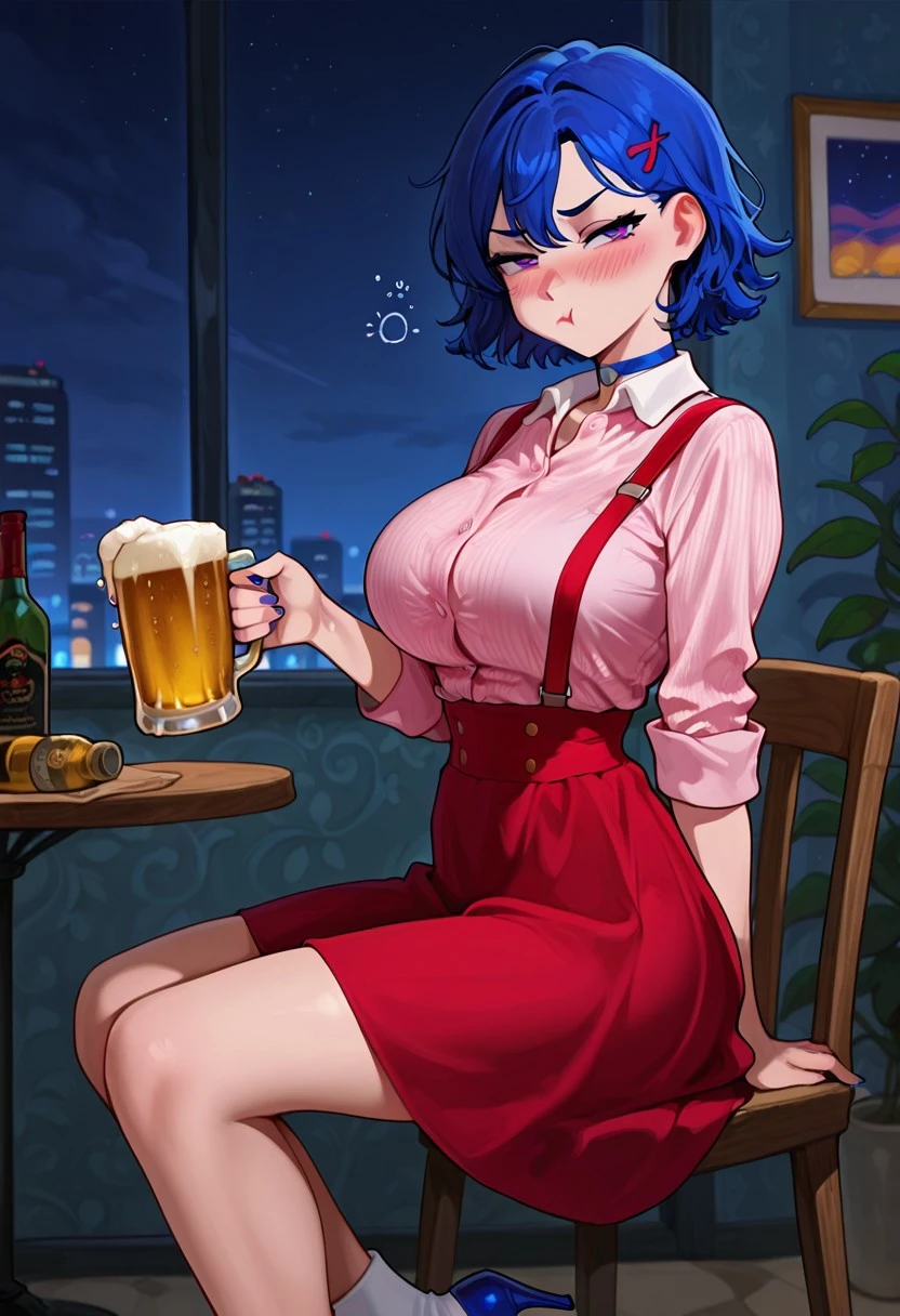 masterpiece, best quality, amazing quality,, absurdres, newest, very awa, beautiful eyes, 1girl, solo, 
emily_sdv, blue hair, short hair, lipstick, red lips, red lipstick, violet eyes, hairclip, red hairclip, Choker, blue choker, , Pink shirt, white collar, rolled up sleeves, buttoned shirt, red suspenders, red skirt, white socks, blue high heels, 
drunk pouting, solo, looking at viewer, blush, holding, closed mouth, sitting, sky, indoors, from side, cup, window, night, chair, table, bottle, holding cup, night sky, drinking glass, alcohol, :t, pout, beer, mug, half-closed eyes, feet out of frame,