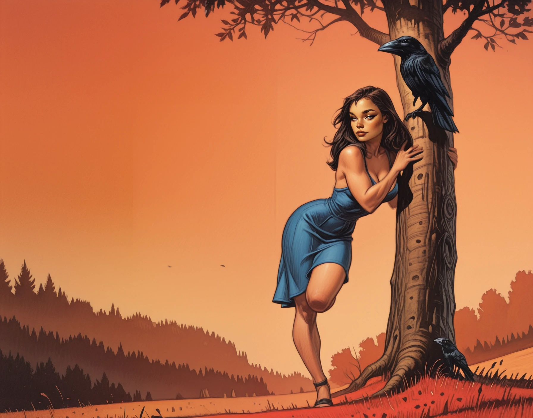 embedding:Stable_Yogis_PDXL_Positives, embedding:Stable_Yogis_PDXL_Positives2, embedding:lazypos, embedding:cr1sp, 1girl, female cowboy, jean dress, deep cleavage, leaning against tree, one leg bent, seductive pose, confident gaze, CKosak, painterly strokes, bold brushwork, color transitions, luminous colors, moonlit colors, oil painting, canvas texture, layered paint, beveled brush strokes, thick paint texture, abstract elements, surreal accents, negative space, soft gradients, sunset, wide shot, crow, outdoors
,masterpiece, best quality, very aesthetic, bold outlines, strong shadows, high contrast, crisp lines, detailed, intricate, ultra detailed, vibrant, smooth gradients, subtle shadows, professional, high-resolution, perfect lighting, solo, depth, complex lighting, ultra detailed
,,