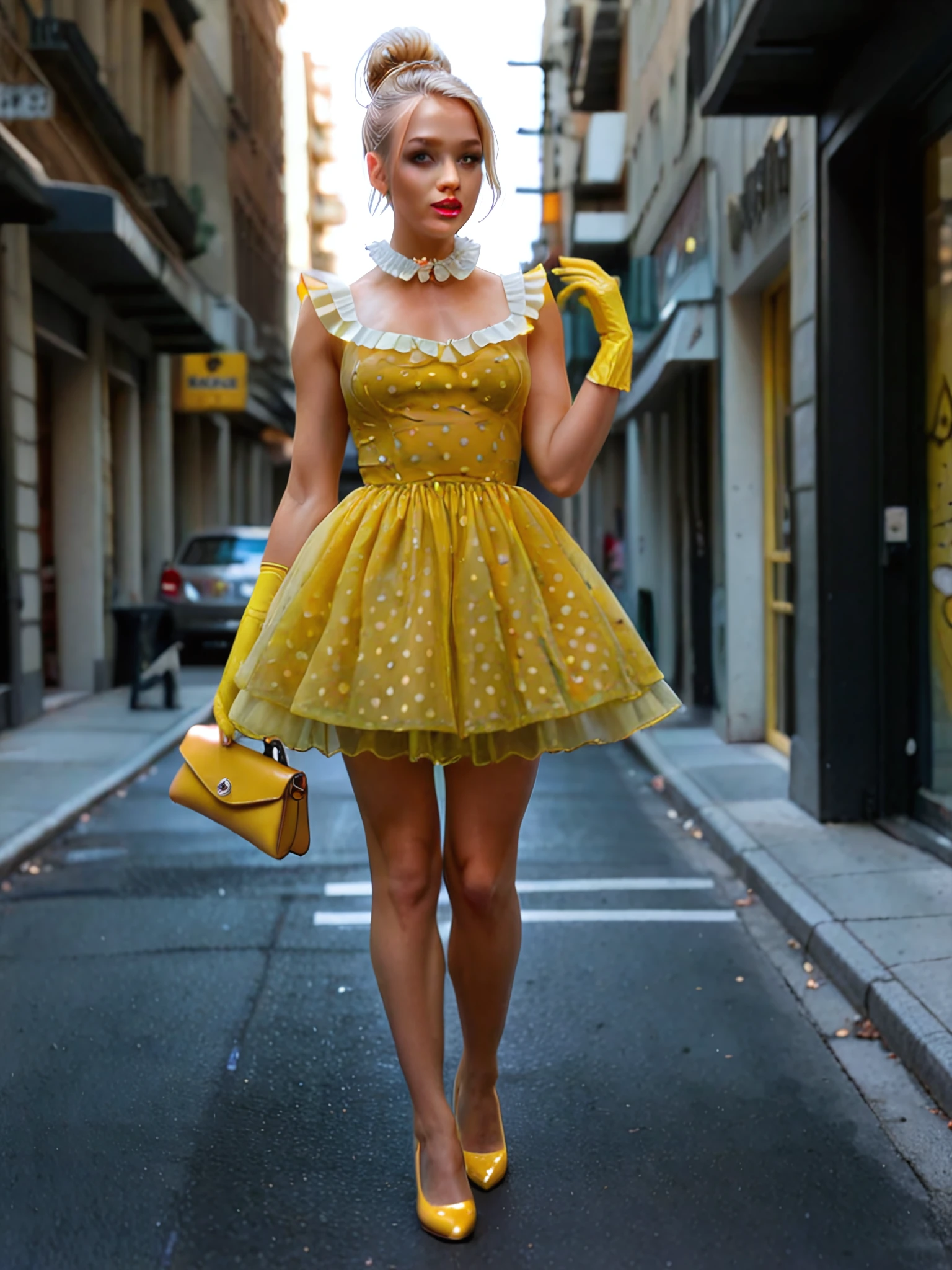 aptaddison, from below, blonde hair, (detailed face, eyes), walking, 1960's fashion district, jetset vibe, sunny, high fashion, hair in bun, yellow gloves, clutch, handbag, polka dot silk dress, yellow frilled petticoat, lace collar, yellow slip, PAN-AM logo, yellow shoes, looking down at camera, parted lips, face details, score_8
