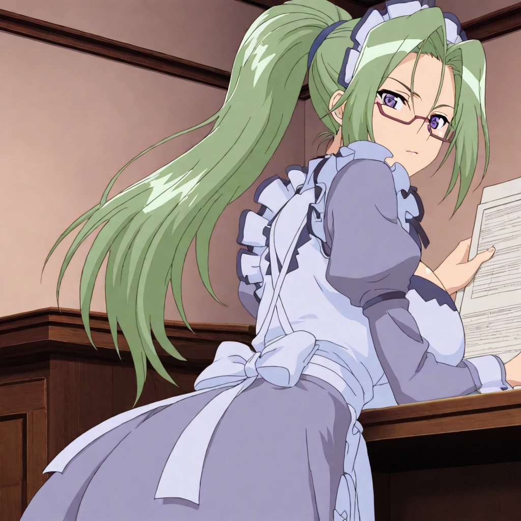masterpiece,high score,great score,absurdres,looking at viewer,solo,cowboy_shot,from side,<lora:MitsukiHanyuu hassakuill30:1> mitsukihanyuu, green hair, ponytail, purple eyes, glasses,maid,apron,