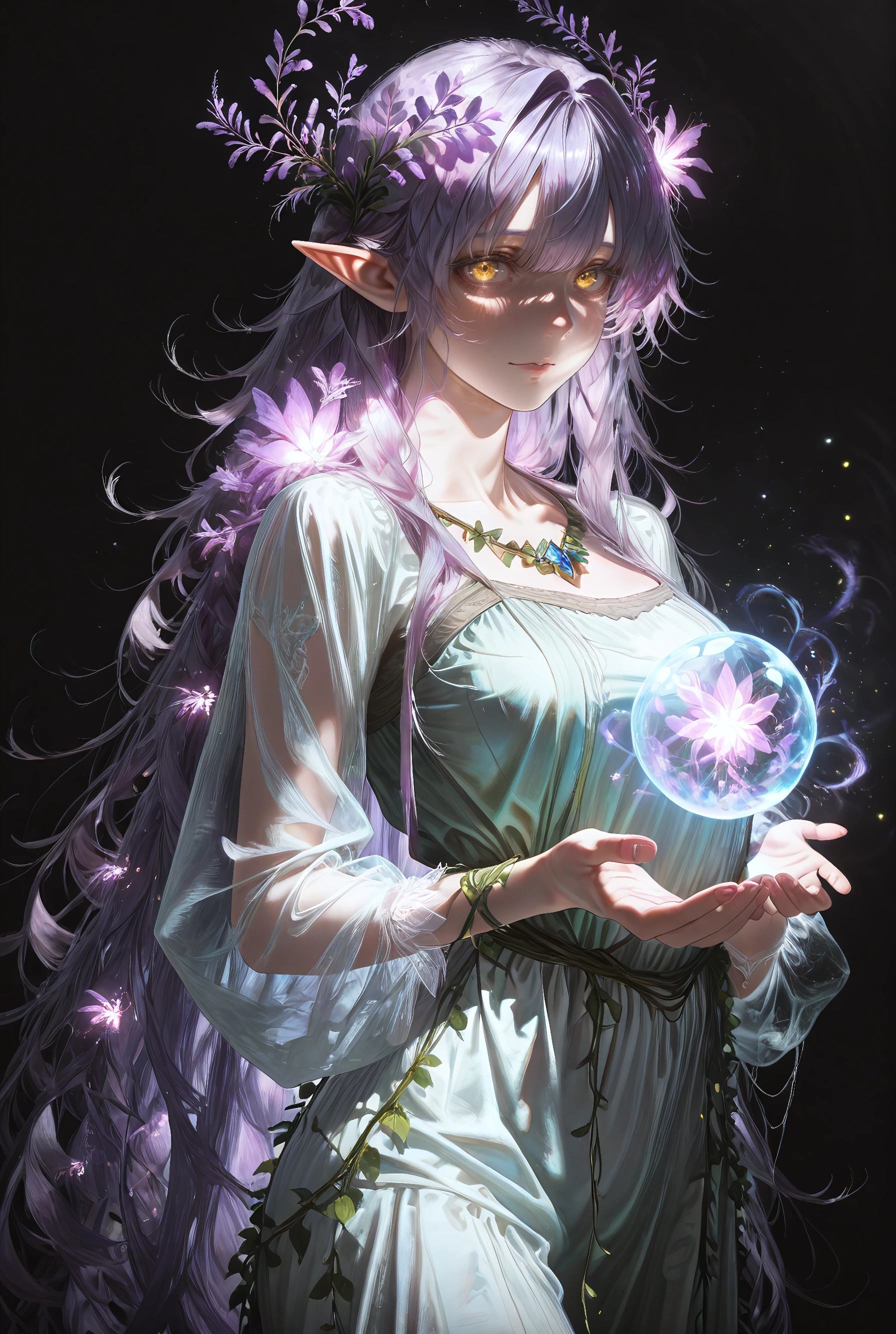 (Dark, mist, backlighting,), absurdres,masterpiece, best quality, amazing quality, very aesthetic, (solo:1.2), (1girl, solo, elf, pointy ears, very long hair, lavender hair, glowing flowers in hair, golden eyes, gentle expression, detailed face, ethereal, BREAK long flowing dress, white dress, silk and vines, translucent sleeves, jewelry, BREAK standing, holding glowing orb, looking at viewer, cowboy shot, upper body, volumetric lighting, fireflies, magical particles, cinematic, simple background, black background)