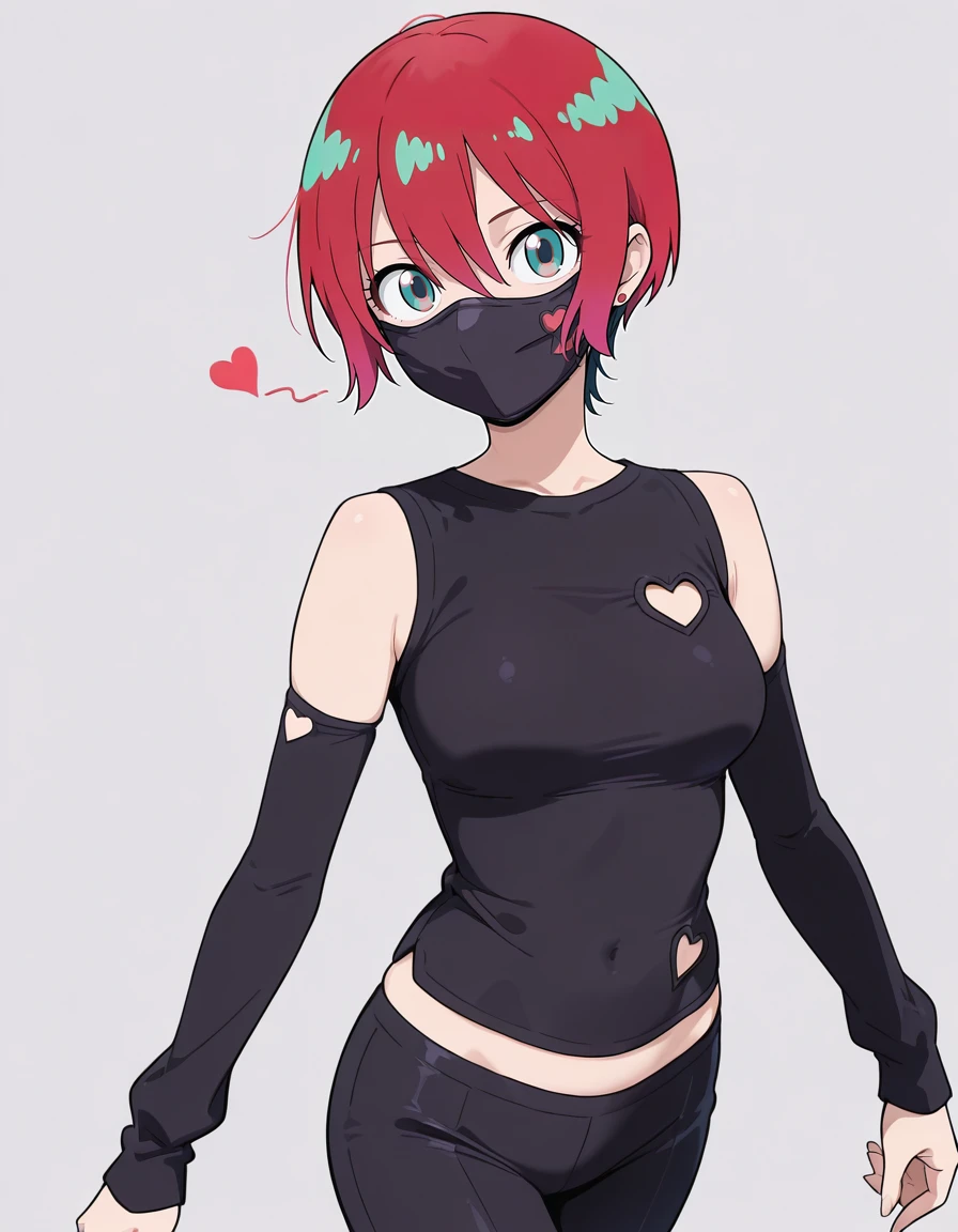 masterpiece,best quality,amazing quality,very aesthetic,high resolution,ultra detailed,perfect details,anime coloring,
1girl,solo,walking,looking at viewer,simple background,grey background,
<lora:mai_bbshirt:0.8>,mai_bbshirt,mouth_mask,black_shirt,detached_sleeves,heart_cutout,black_pants,
<lora:Machu-V2:1>,amate yuzuriha,