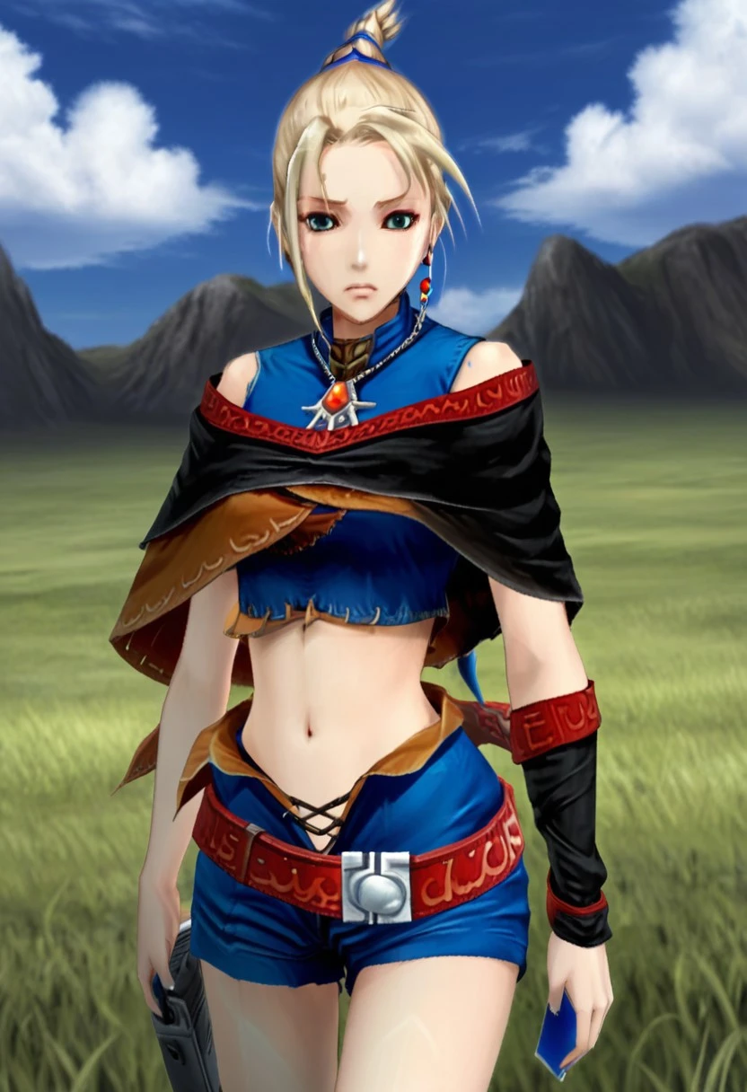 masterpiece, best quality, absurdres, anime screenshot, 1girl, solo, female focus, f_s_t_g, high ponytail, short ponytail, asymmetrical bangs, blonde hair, blue hair tie, blue crop top, sleeveless crop top, black caplet, necklace, arm wrap, asymmetrical arms, navel, blue shorts, open shorts, black ankle boots, standing, arms at sides, full body, outdoors, plain, grass, blue sky, clouds