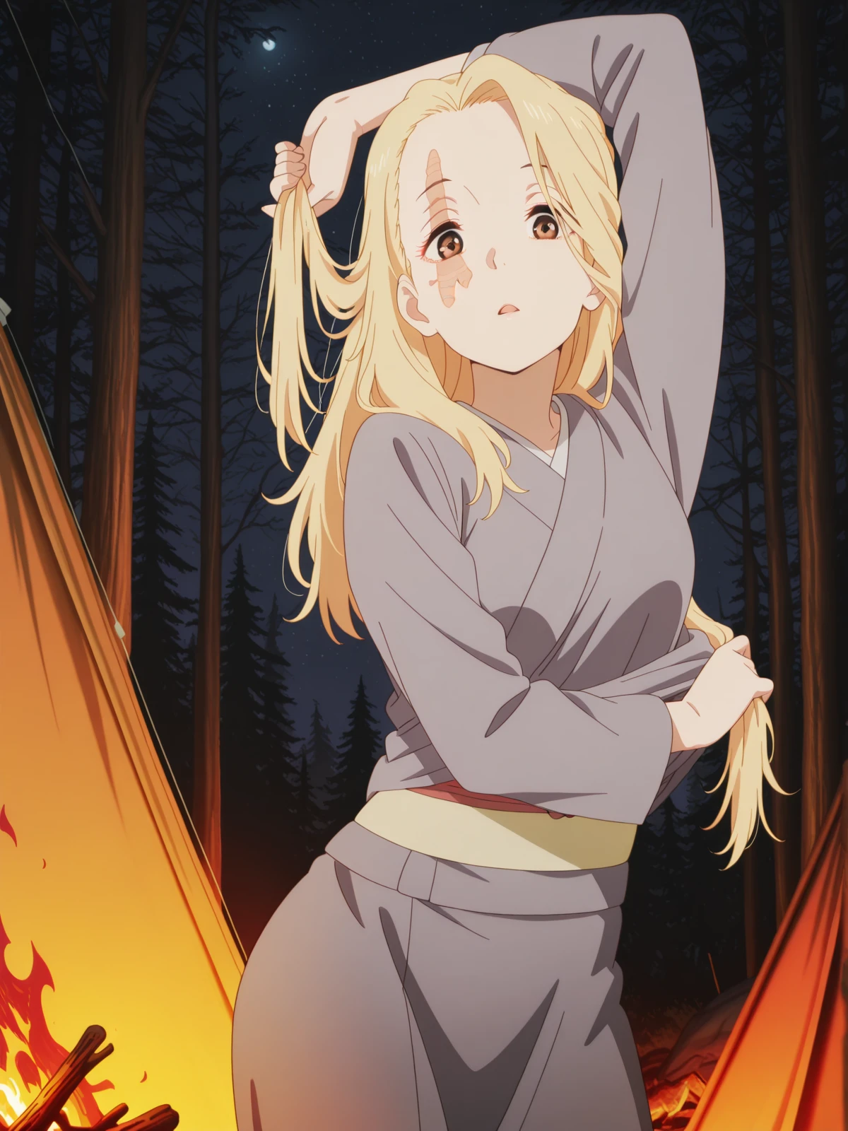 masterpiece, best quality, amazing quality,, <lora:jigoku-yui-s1-illustriousxl-lora-nochekaiser:1>, yui, long hair, blonde hair, brown eyes, scar, scar on face, mature female, small breasts, anime screencap, long sleeves, japanese clothes, kimono, sash, obi, grey kimono,, <lora:senjougaharahitagi-arm-up-pose-illustriousxl-lora-nochekaiser:1>, senjougaharahitagi arm up pose, solo, looking at viewer, open mouth, cowboy shot, parted lips, arm up, shirt lift, holding hair,, camping, bonfire, tent, stargazing, marshmallows, forest clearing, night, cowboy shot, solo, looking at viewer,