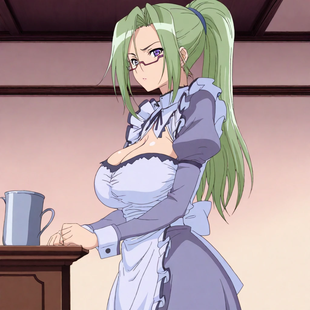 masterpiece,high score,great score,absurdres,looking at viewer,solo,cowboy_shot,from side,<lora:MitsukiHanyuu hassakuill30:1> mitsukihanyuu, green hair, ponytail, purple eyes, glasses,maid,cleavage,apron,