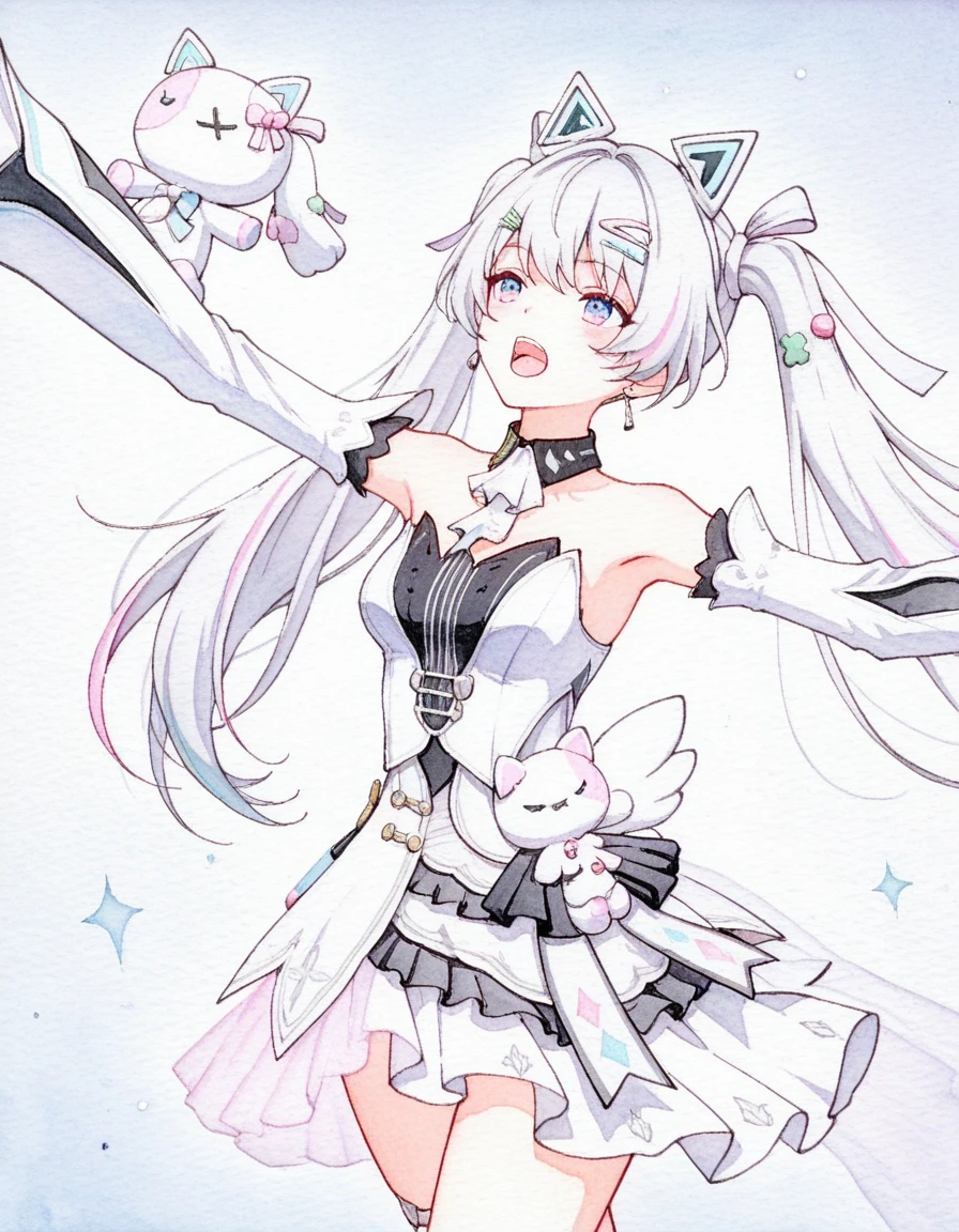 1girl,solo,dynamic pose,singing,
<lora:mai_pgr_karenina_blnh:0.7>,mai_pgr_karenina_blnh,long_hair,twintails,grey_hair,multicolored_hair,multicolored_eyes,hair_ornament,hairclip,fake_animal_ears,idol_clothes,detached_sleeves,detached_collar,white_dress,white_skirt,frilled_dress,stuffed_toy,
<lora:transparent-watercolor_IL_MIX:1>,traditional media,transparent-watercolor,watercolor \(medium\),