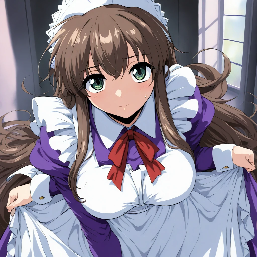 masterpiece,high score,great score,absurdres,looking at viewer,solo,<lora:CharlotteVerlaine ag4o:1> charlotteverlaine, brown hair, long hair, green eyes,maid headdress,maid,apron,