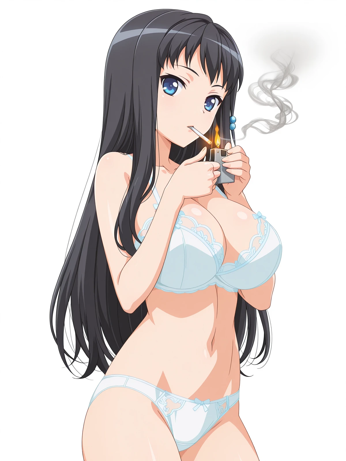 masterpiece, best quality, amazing quality,, <lora:kisara-himeno-ova-illustriousxl-lora-nochekaiser:1>, kisara himeno, long hair, black hair, blue eyes, mature female, large breasts, anime screencap, underwear, panties, bra, white panties, lingerie, white bra,, <lora:lighting-cigarette-illustriousxl-lora-nochekaiser:1>, lighting cigarette, lighter, holding lighter, cigarette, smoking, fire, smoke, holding,, church, steeple, pews, altar, holy, cowboy shot, solo, looking at viewer, <lora:transparent-background-illustriousxl-lora-nochekaiser:1>, transparent background, simple background, white background