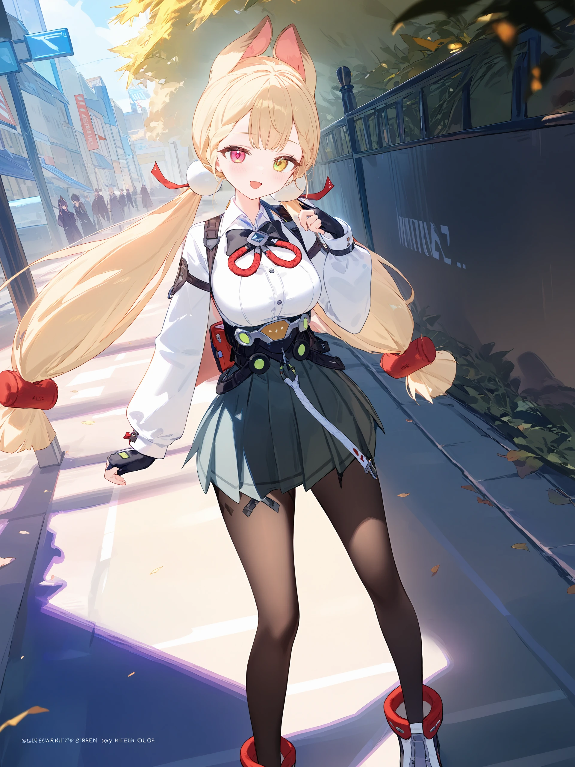 1girl, alice thymefield, heterochromia, solo, braided bangs, twintails, hair bobbles, white collared shirt, ribbon-trimmed sleeves, two-tone bowtie, chest harness, fingerless gloves, utility belt, high-waist pleated skirt, print pantyhose, high tops, looking at viewer, light smile, open mouth, street, outdoors, depth of field, standing, contrapposto, full body illustration, incredibly absurdres, ultra detailed, masterpiece, best quality, perfect features, intricate details, ray tracing, very aesthetic,  shuri \(84k\), ATDAN, artist:chen bin, (ningen mame:0.95), (wlop:0.91), (sarcophage:1.05), (tsubasa tsubasa:1.05), modare, hiten \(hitenkei\),  <lora:Char-ZZZ-Alice-V1-XL:1:hr=0.6>,