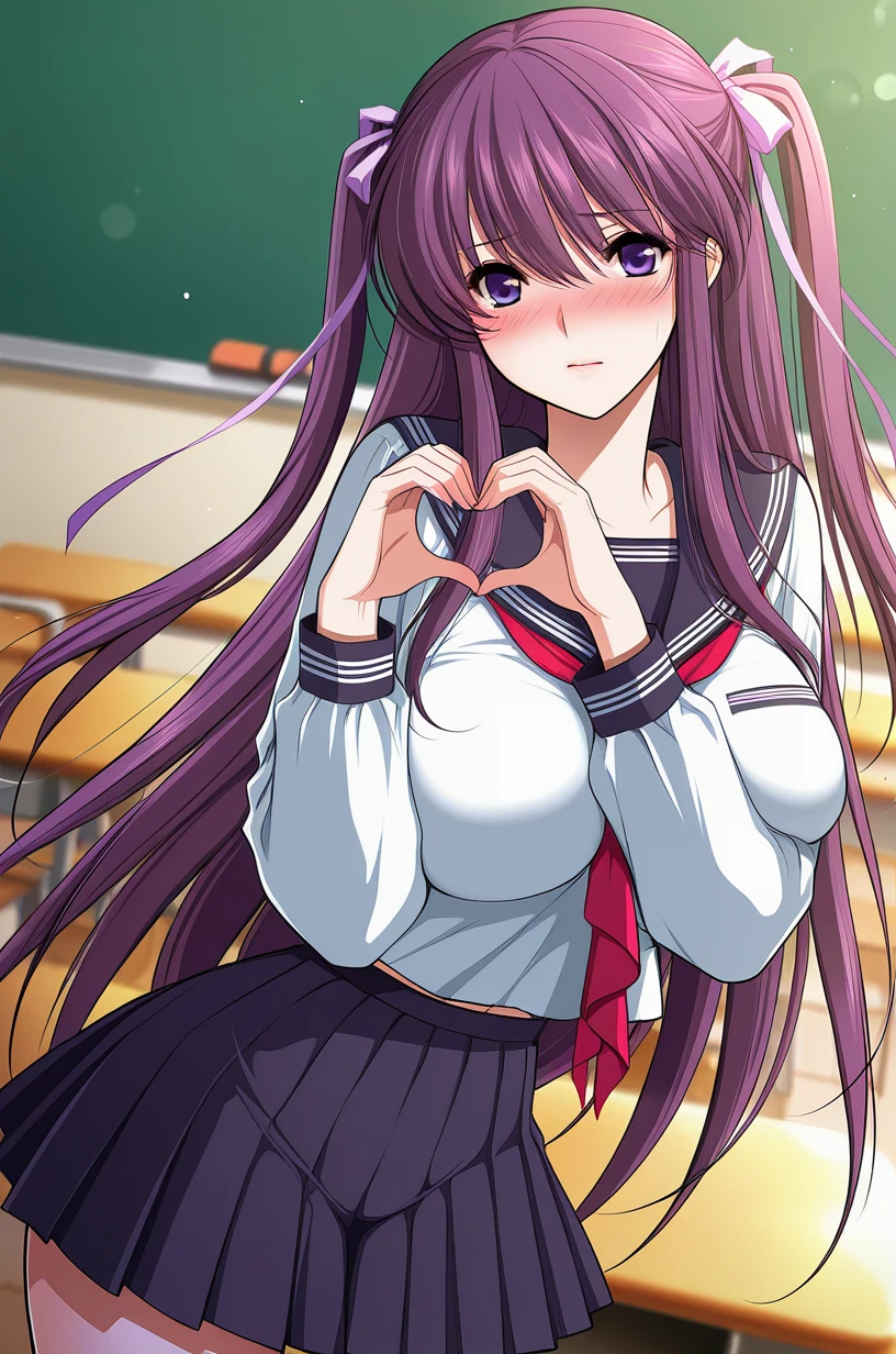 masterpiece, best quality, amazing quality, very aesthetic, absurdres, ultra detailed,
1girl, solo, s11na_m1yu, purple hair, long hair, purple eyes, twintails, shiny skin BREAK school uniform, serafuku, skirt, 
embarrassed, blush, standing, heart hands, classroom, cowboy shot, sharp focus, depth of field<lora:siina miyu v1.0b-000011:1>
