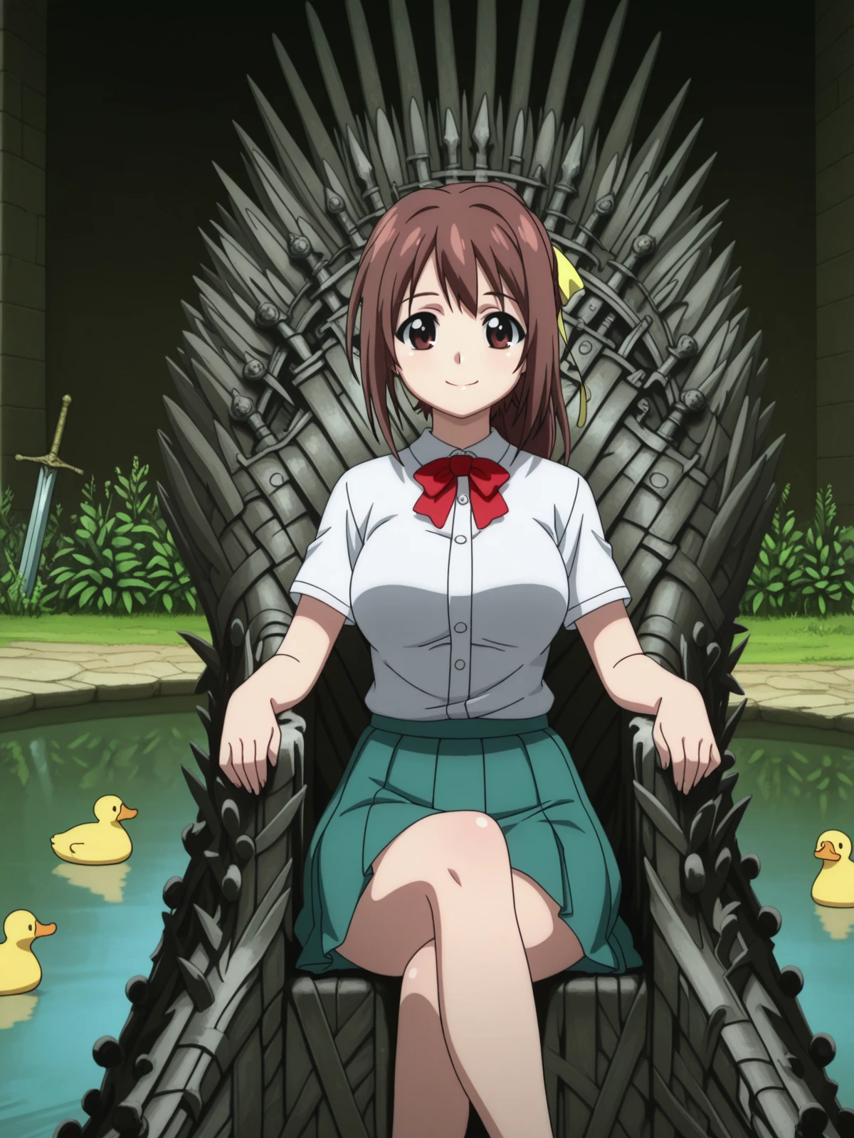 masterpiece, best quality, amazing quality,, <lora:sohara-mitsuki-s2-illustriousxl-lora-nochekaiser:1>, sohara mitsuki, long hair, brown hair, bow, ribbon, brown eyes, hair ribbon, ponytail, mature female, medium breasts, anime screencap, skirt, bow, ribbon, green skirt, pleated skirt, short sleeves, white shirt, collared shirt, buttons, bowtie, red bowtie, <lora:iron-throne-illustriousxl-lora-nochekaiser:1>, iron throne, sitting, looking at viewer, sword, throne, sitting on throne, smile, full body, elbow rest, crossed legs, pond, still_water, plants, ducks, peaceful, cowboy shot, solo, looking at viewer,