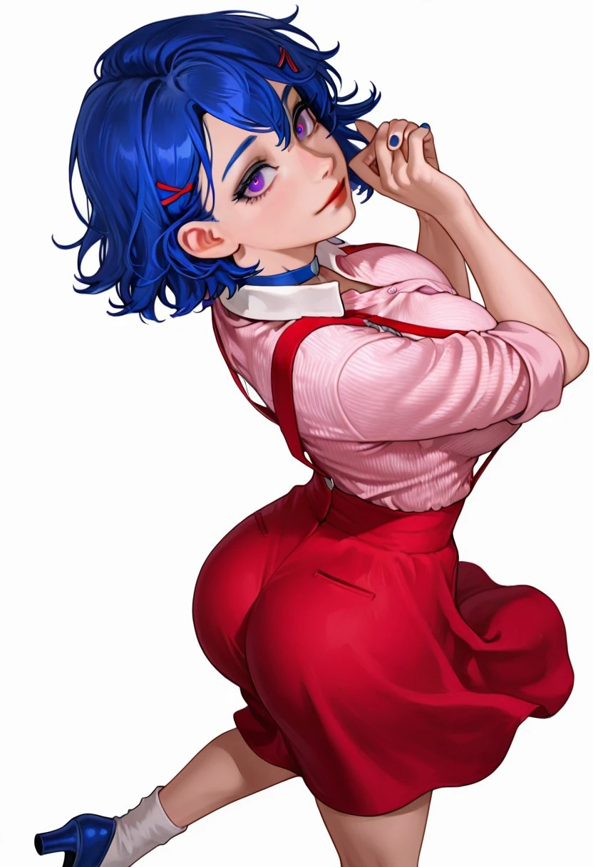<lora:3m1ly_sdv:1> score_9, score_8_up, score_7_up, score_6_up,  masterpiece, best quality, very awa, beautiful eyes, 
simple background, white background, upper body,      Dynamic pose, dynamic angle, feet out of frame, rear view,
1girl, solo, looking back at viewer, light smile,      
emily_sdv, blue hair, short hair, lipstick, red lips, red lipstick, violet eyes, hairclip, red hairclip, Choker, blue choker, ,  
Pink shirt, white collar, rolled up sleeves, buttoned shirt, red suspenders, red skirt, white socks, blue high heels, 
painted nails, nail polish, blue nails,
