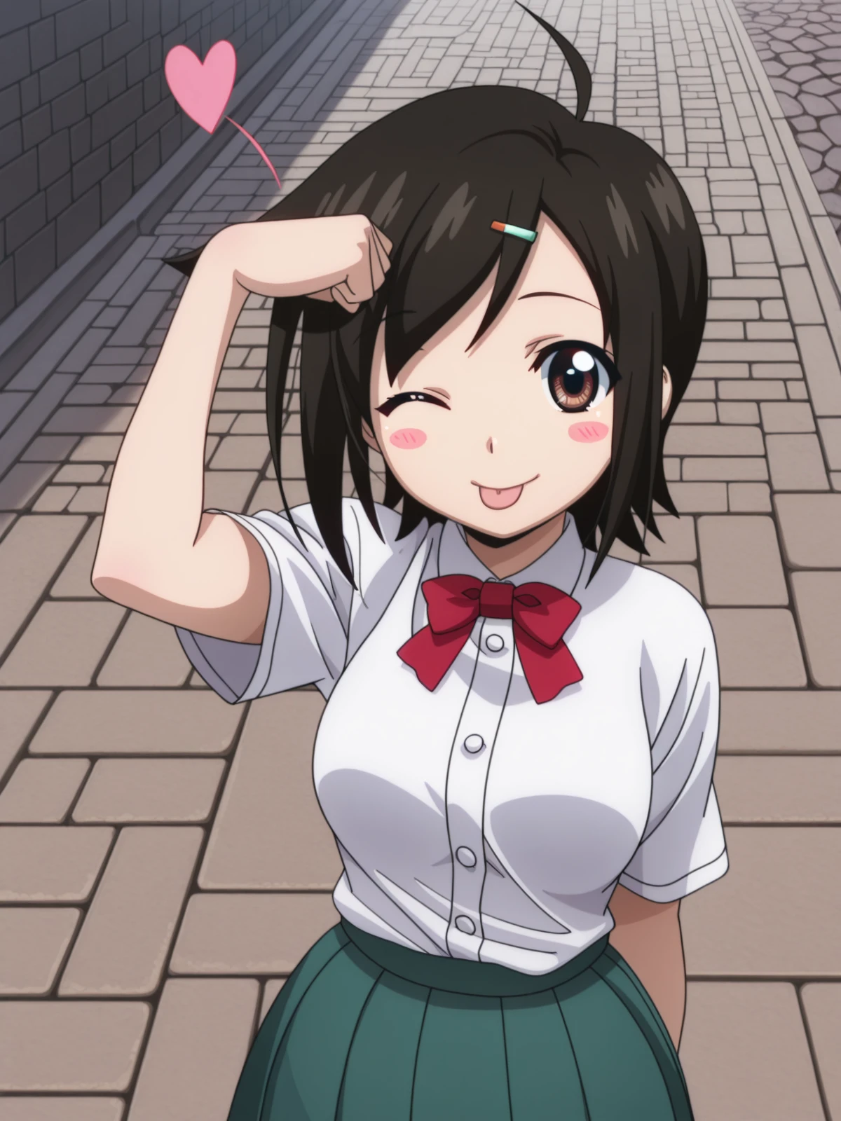 masterpiece, best quality, amazing quality,, <lora:tomoki-sakurai-s2-illustriousxl-lora-nochekaiser:1>, tomoki sakurai, short hair, black hair, hair ornament, brown eyes, ahoge, hairclip, mature female, medium breasts, anime screencap, skirt, bow, ribbon, green skirt, pleated skirt, short sleeves, white shirt, collared shirt, buttons, bowtie, red bowtie, <lora:dojikko-pose-illustriousxl-lora-nochekaiser:1>, dojikko pose, blush, heart, blush stickers, smile, tongue out, arm up, looking at viewer, one eye closed, stone walkway, historic, path, cobblestone, footpath, cowboy shot, solo, looking at viewer,
