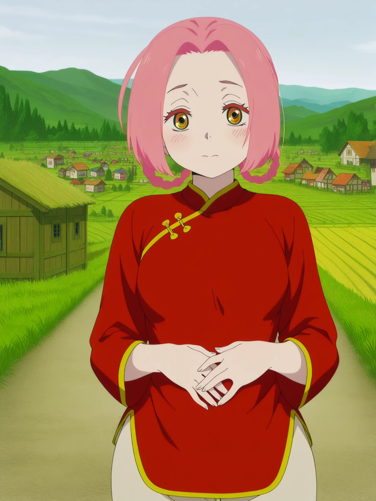 masterpiece, best quality, amazing quality,, <lora:jigoku-mei-s1-illustriousxl-lora-nochekaiser:1>, mei, short hair, pink hair, hair rings, parted bangs, braid, yellow eyes, mature female, small , anime screencap, pants, red shirt, chinese clothes, long sleeves, hands on stomach, blush,, village, houses, community, rural, farms, cowboy shot, solo, looking at viewer,