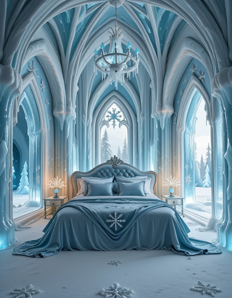 The elegant ice palace bedroom of Elsa, the Snow Queen, shimmering with frosted crystal walls and towering icy arches. At the center, a majestic bed carved from ice and draped with flowing silver and blue fabrics glitters under the glow of enchanted snowflake chandeliers. Frosted mirrors, delicate icicle pillars, and snowflake patterns decorate the room, while moonlight shines through translucent frozen windows, casting a magical, ethereal glow across the chamber. The atmosphere is regal, serene, and filled with winterâs enchantment, completely empty of people.ice palace b3dr00m
 <lora:ice_palace_b3dr00m-i:1>, Masterpiece,best quality,hi res,8k,hi res,8k,award winning,(sharp focus, intricate, highly detailed),