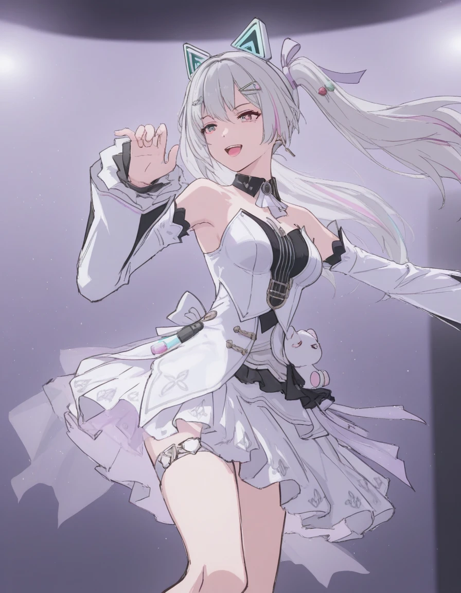 1girl,solo,dynamic pose,singing,
<lora:mai_pgr_karenina_blnh:0.7>,mai_pgr_karenina_blnh,long_hair,twintails,grey_hair,multicolored_hair,multicolored_eyes,hair_ornament,hairclip,fake_animal_ears,idol_clothes,detached_sleeves,detached_collar,white_dress,white_skirt,frilled_dress,stuffed_toy,
<lora:maiistyle:1>,maiistyle,sketch,