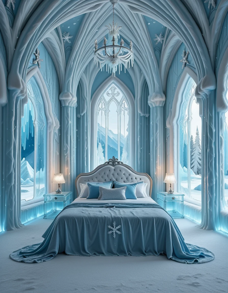 The elegant ice palace bedroom of Elsa, the Snow Queen, shimmering with frosted crystal walls and towering icy arches. At the center, a majestic bed carved from ice and draped with flowing silver and blue fabrics glitters under the glow of enchanted snowflake chandeliers. Frosted mirrors, delicate icicle pillars, and snowflake patterns decorate the room, while moonlight shines through translucent frozen windows, casting a magical, ethereal glow across the chamber. The atmosphere is regal, serene, and filled with winterâs enchantment, completely empty of people.ice palace b3dr00m
 <lora:ice_palace_b3dr00m-i:1>, Masterpiece,best quality,hi res,8k,hi res,8k,award winning,(sharp focus, intricate, highly detailed),