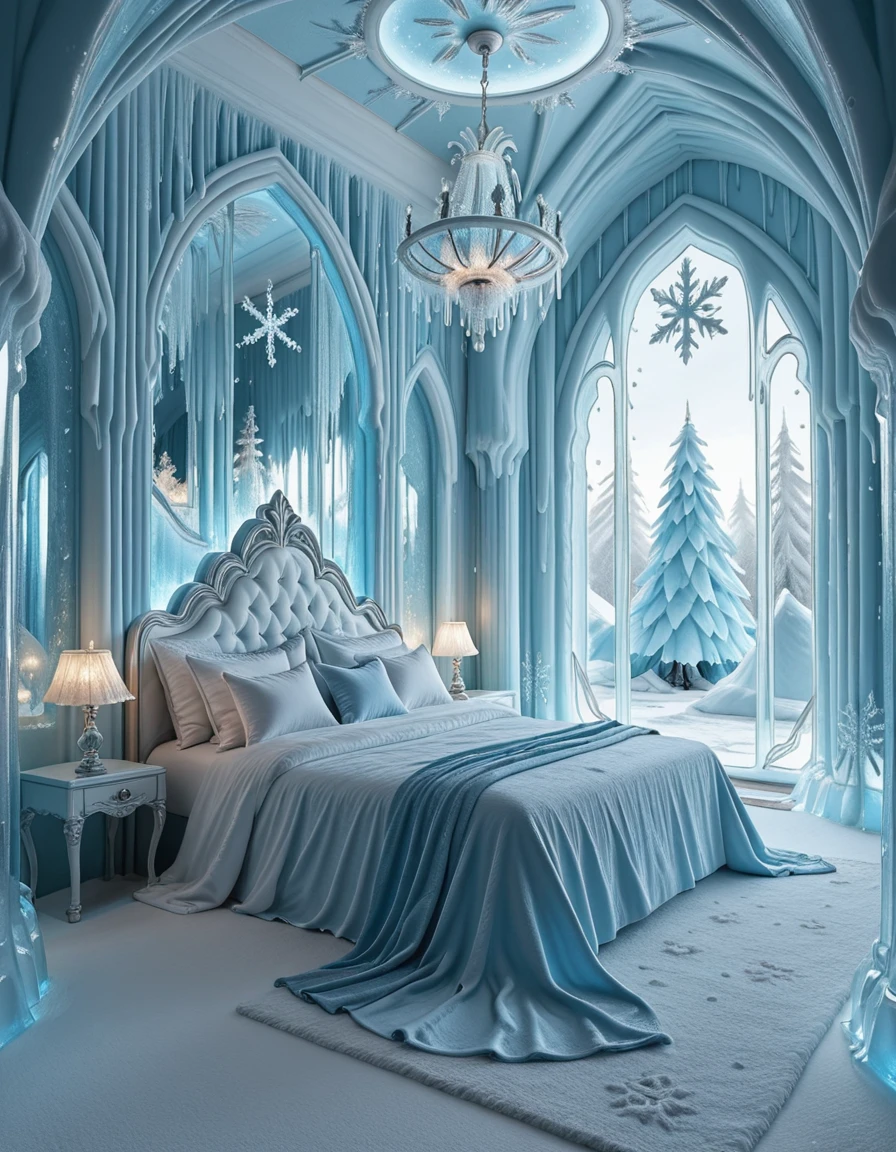 The elegant ice palace bedroom of Elsa, the Snow Queen, shimmering with frosted crystal walls and towering icy arches. At the center, a majestic bed carved from ice and draped with flowing silver and blue fabrics glitters under the glow of enchanted snowflake chandeliers. Frosted mirrors, delicate icicle pillars, and snowflake patterns decorate the room, while moonlight shines through translucent frozen windows, casting a magical, ethereal glow across the chamber. The atmosphere is regal, serene, and filled with winterâs enchantment, completely empty of people.ice palace b3dr00m
 <lora:ice_palace_b3dr00m-i:1>, Masterpiece,best quality,hi res,8k,hi res,8k,award winning,(sharp focus, intricate, highly detailed),
