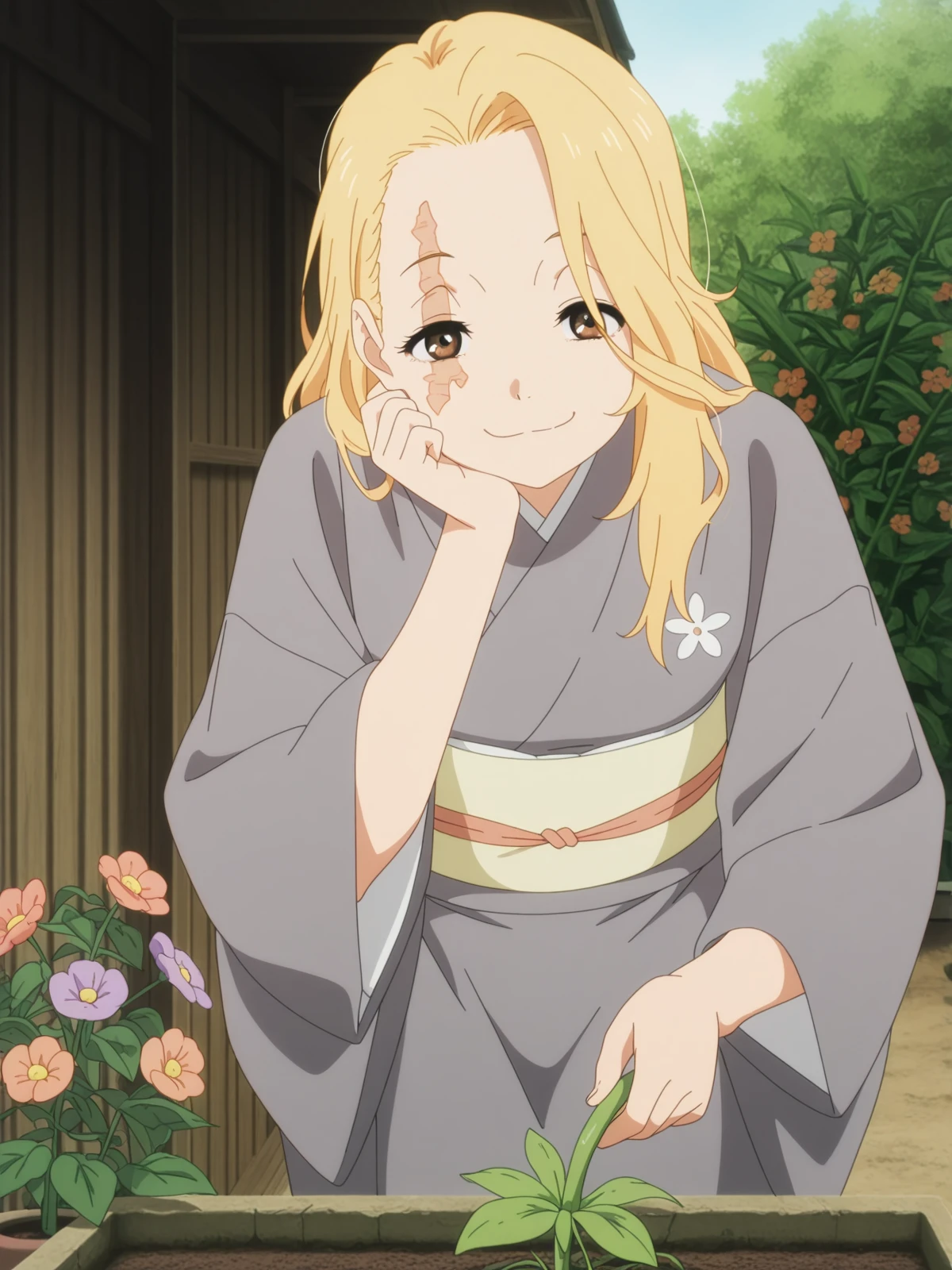 masterpiece, best quality, amazing quality,, <lora:jigoku-yui-s1-illustriousxl-lora-nochekaiser:1>, yui, long hair, blonde hair, brown eyes, scar, scar on face, mature female, small breasts, anime screencap, long sleeves, japanese clothes, kimono, sash, obi, grey kimono,, head rest, smug, gardening, watering plants, backyard, flowers blooming, sunny day, cowboy shot, solo, looking at viewer,
