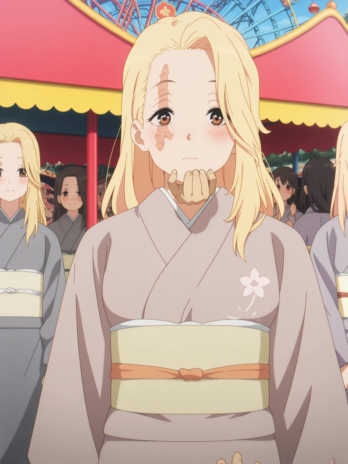 masterpiece, best quality, amazing quality,, <lora:jigoku-yui-s1-illustriousxl-lora-nochekaiser:1>, yui, long hair, blonde hair, brown eyes, scar, scar on face, mature female, small breasts, anime screencap, long sleeves, japanese clothes, kimono, sash, obi, grey kimono,, <lora:stroking-anothers-chin-pov-illustriousxl-lora-nochekaiser:1>, stroking another's chin pov, stronking another's chin, pov, pov hands, blush, upper body, amusement park, rides, crowds, fun, colorful, cowboy shot, solo, looking at viewer,