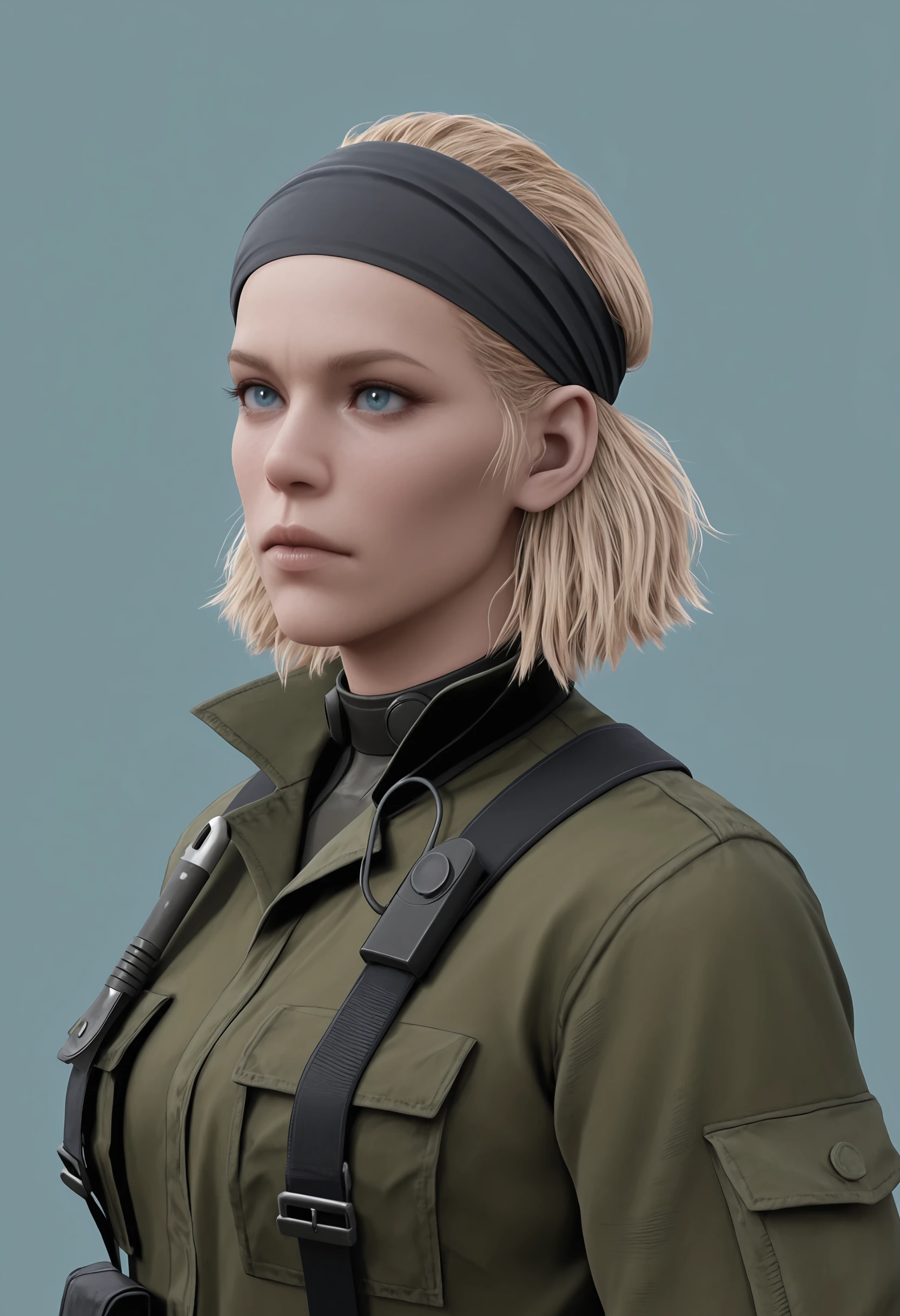 masterpiece, best quality, amazing quality, very aesthetic, absurdres, newest,  <lora:TheBossILf:1> thbilf, blonde hair, blue eyes, headband, military uniform, upper body,
 light blue background, simple background,
