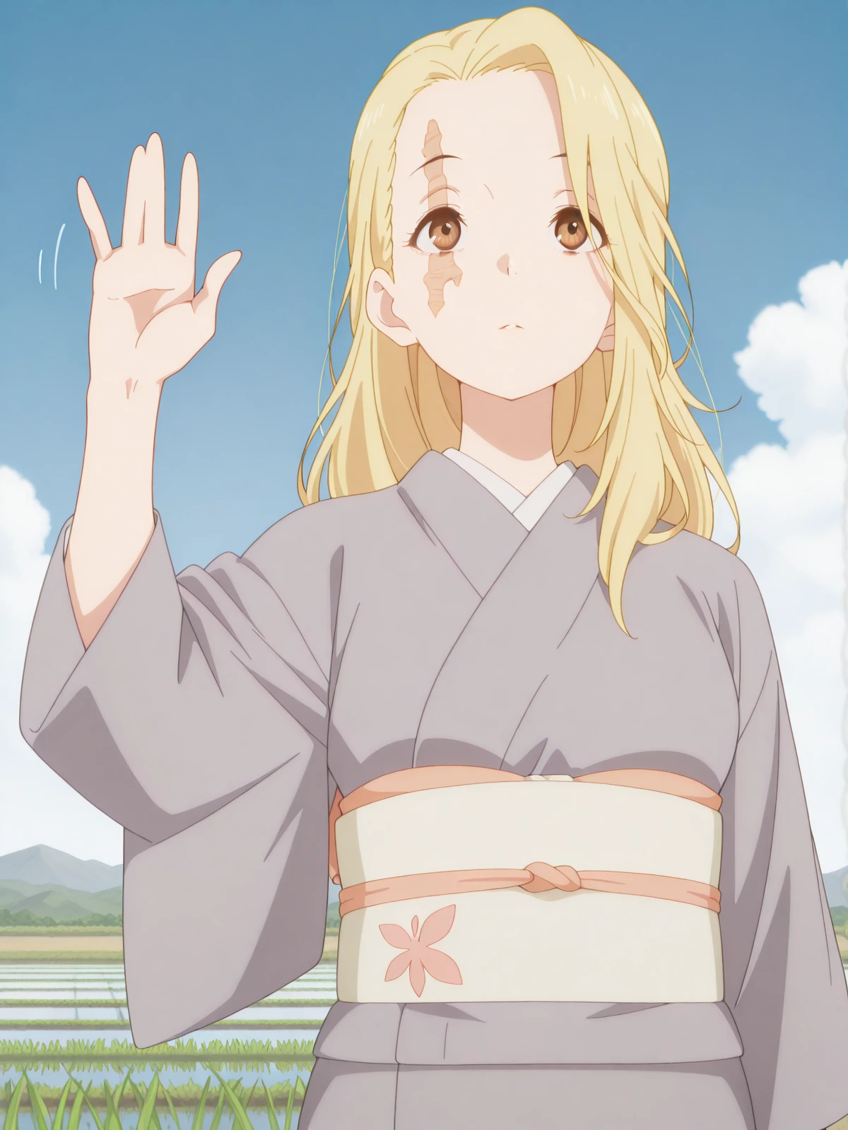 masterpiece, best quality, amazing quality,, <lora:jigoku-yui-s1-illustriousxl-lora-nochekaiser:1>, yui, long hair, blonde hair, brown eyes, scar, scar on face, mature female, small breasts, anime screencap, long sleeves, japanese clothes, kimono, sash, obi, grey kimono,, <lora:panatang-makabayan-illustriousxl-lora-nochekaiser:1>, panatang makabayan, looking up, expressionless, upper body, parted lips, hand up, waving, solo, outdoors, blue sky, clouds, rice paddy, water, green, farming, rows, cowboy shot, solo, looking at viewer, <lora:transparent-background-illustriousxl-lora-nochekaiser:1>, transparent background, simple background, white background